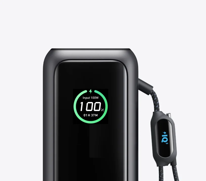 Close-up of the Anker A1695 display and braided USB-C loop cable