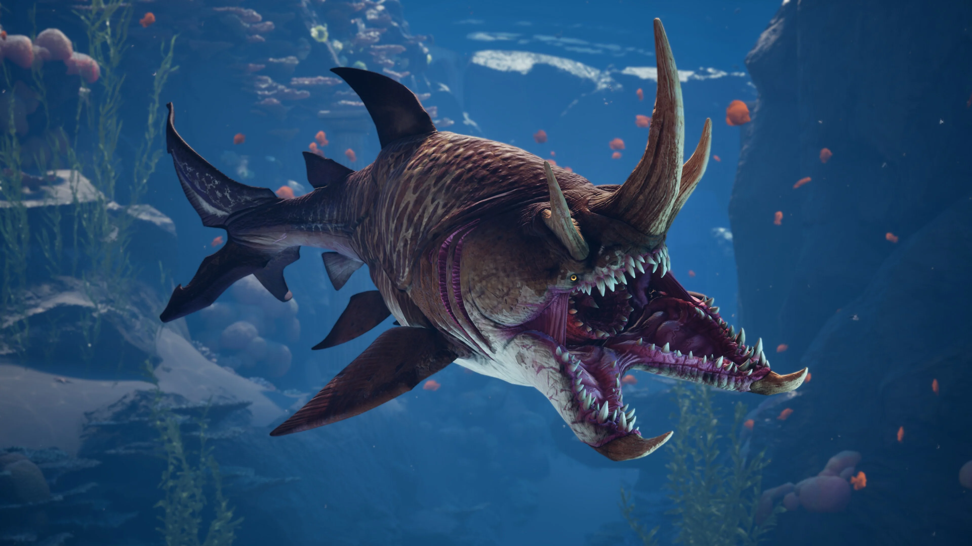 A huge horned mutated shark opens its mouth in Maneater 2.