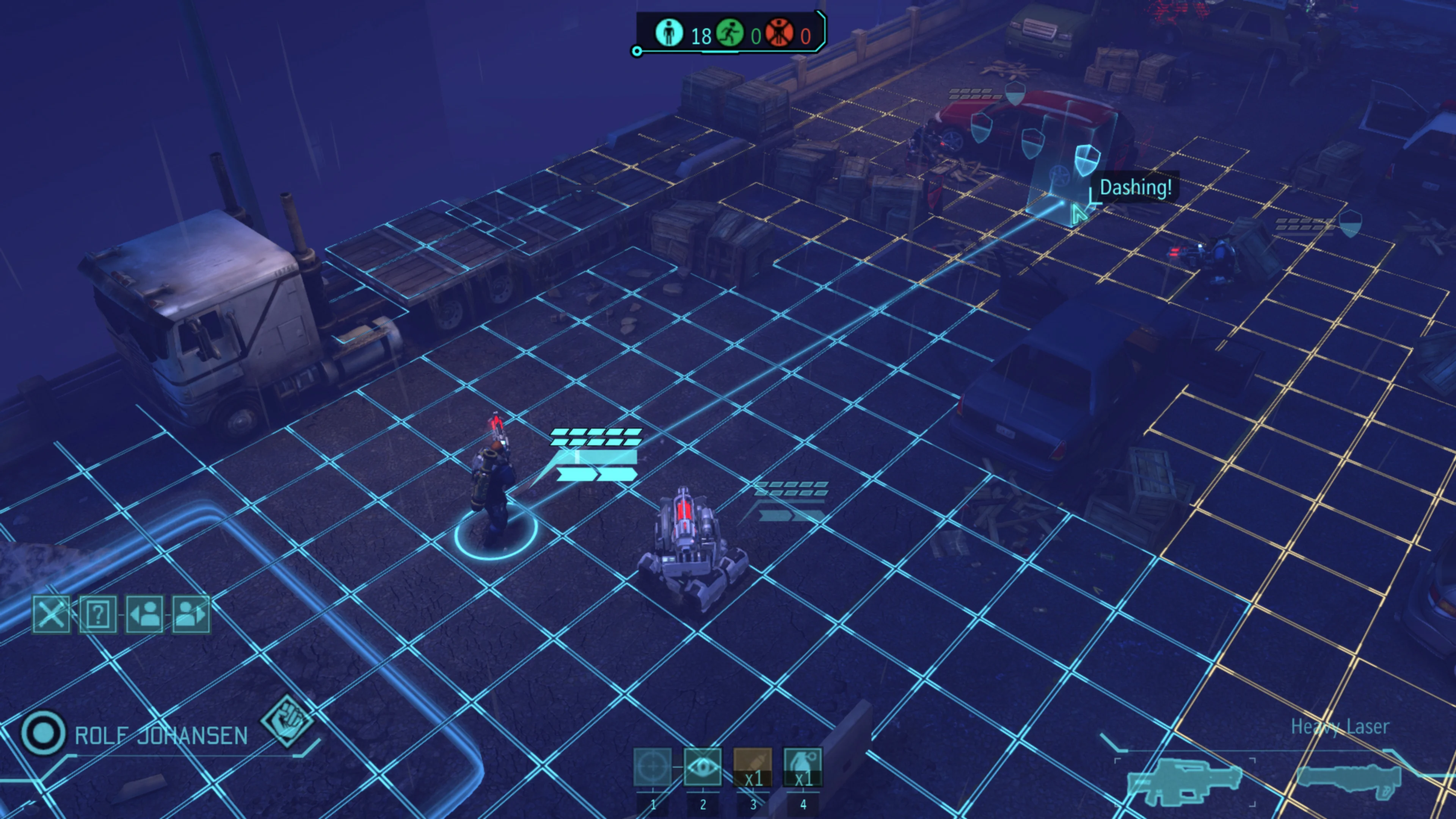 Official XCOM: Enemy Unknown tactical screenshot: a selected soldier stands in blue movement tiles, yellow tiles extend to the right, and shield marks appear near a red car.