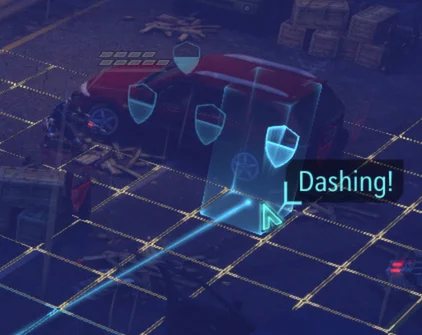 Close crop of the official XCOM screenshot showing blue shield cover icons along the cars beside the yellow dash area.