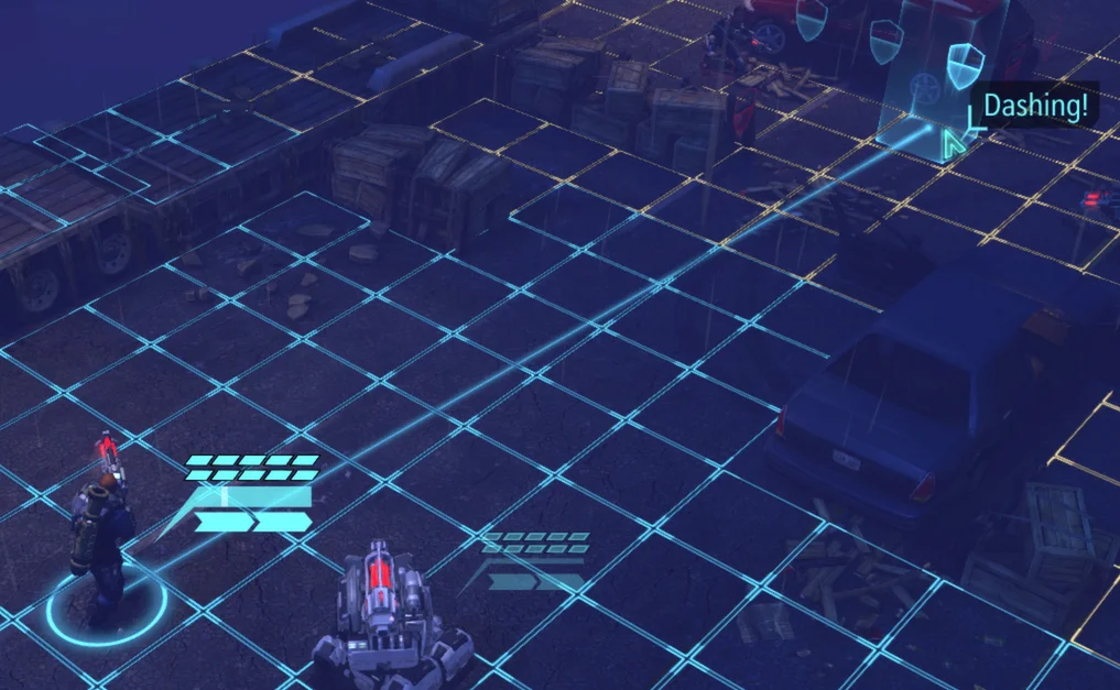 Close crop of the same official screenshot showing the selected soldier, blue short-move grid and yellow dash grid near the red car.