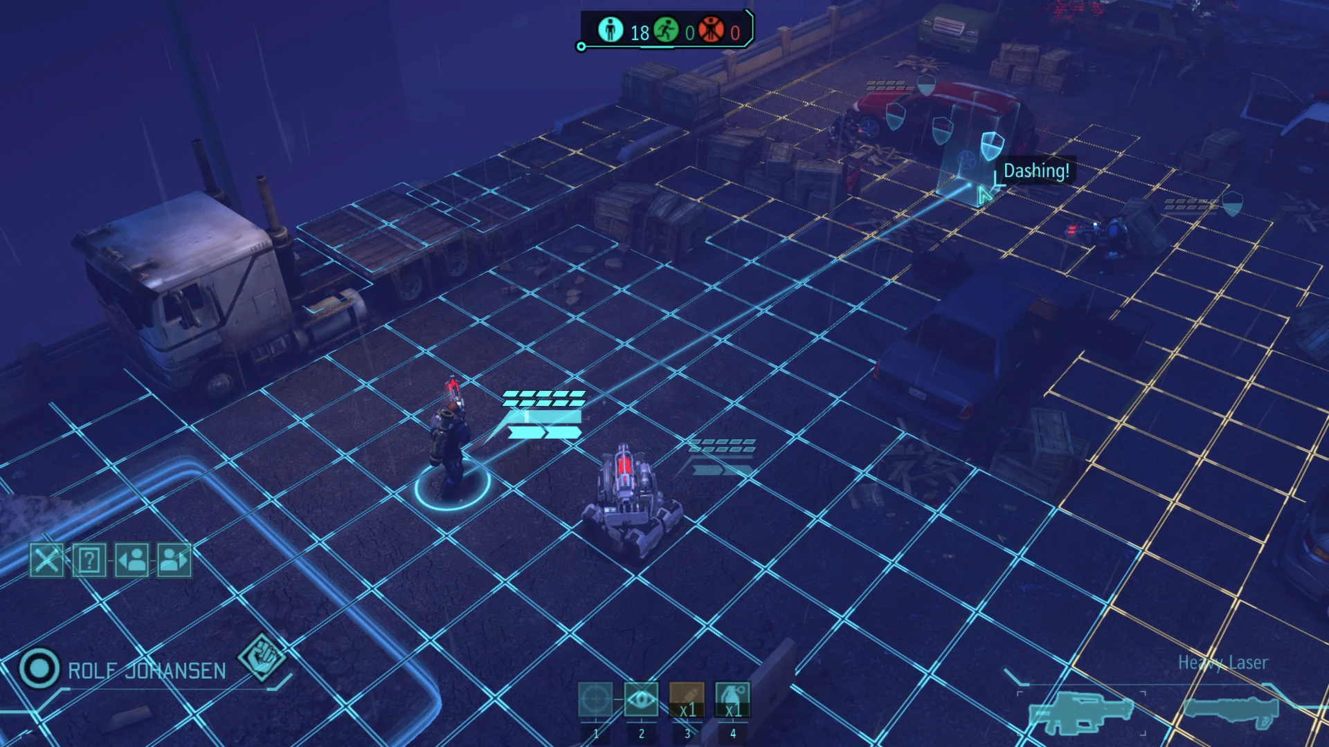 Official XCOM: Enemy Unknown tactical screenshot: a selected soldier stands in blue movement tiles, yellow tiles extend to the right, and shield marks appear near a red car.