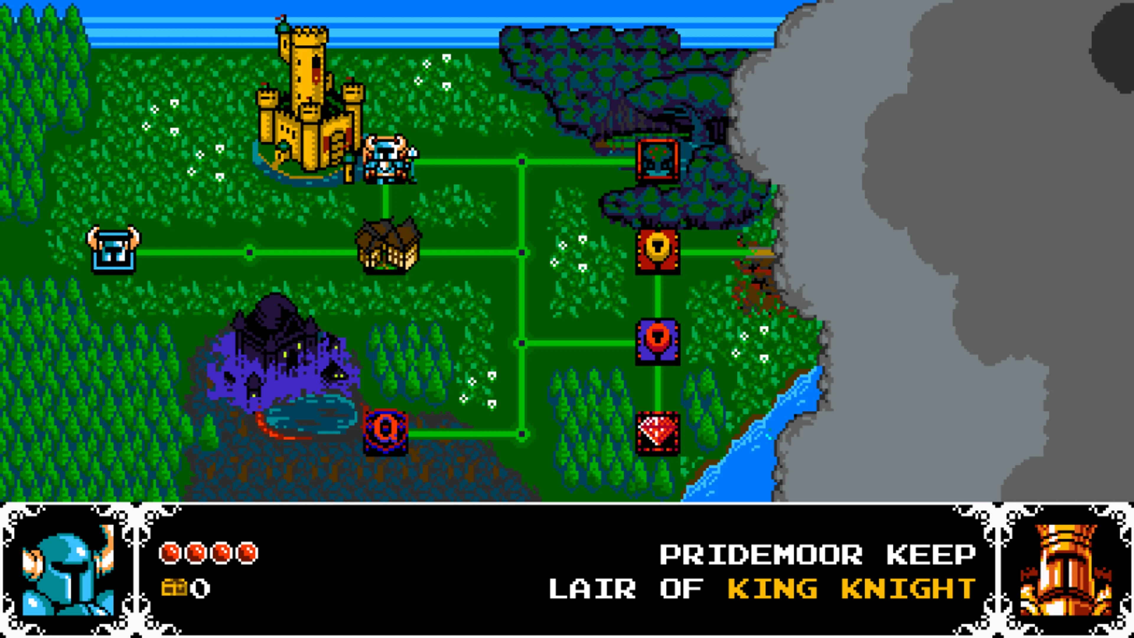 Official Shovel of Hope manual map image: blue knight icon beside a gold castle, connected green paths, square stage symbols and an area-name panel across the bottom.