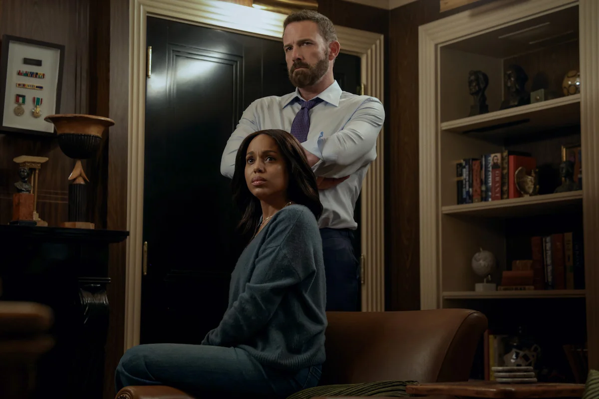 Ben Affleck stands behind Kerry Washington in their home in Animals.
