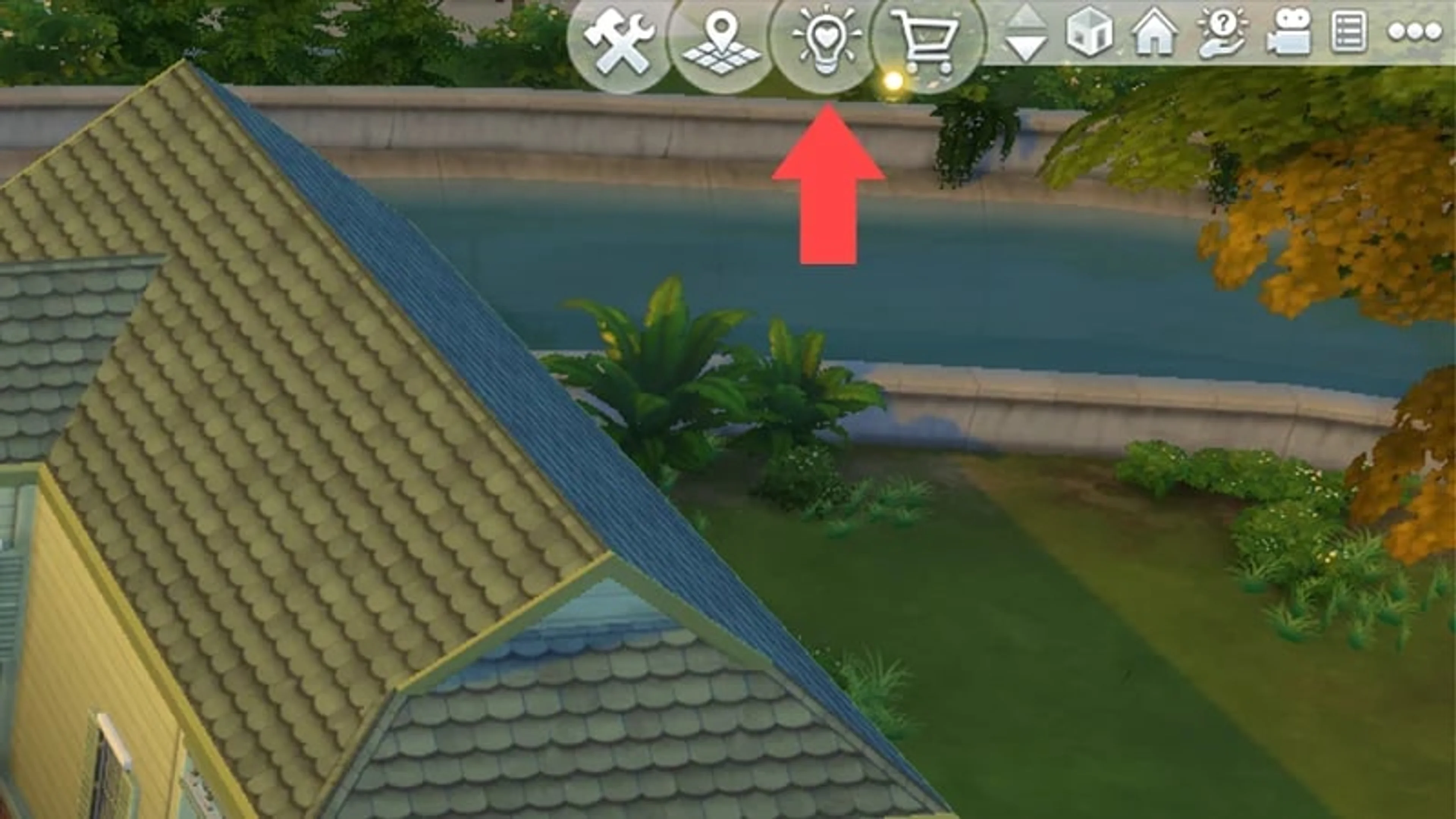 Official EA screenshot of a The Sims 4 lot with a red arrow pointing to the Gallery button at the upper right.
