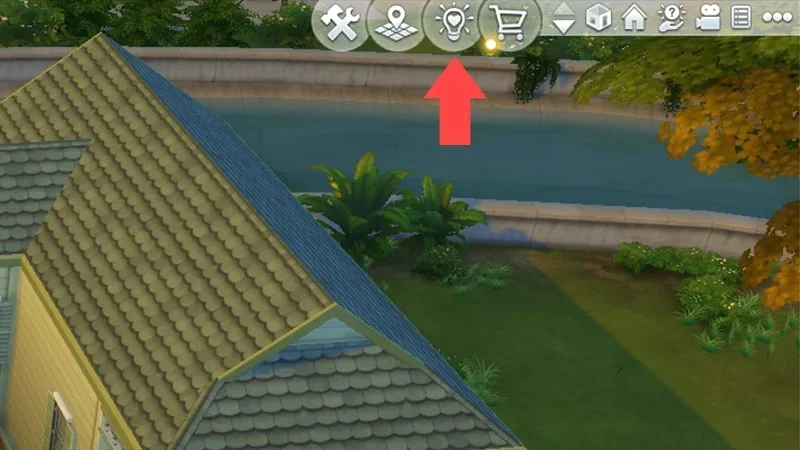 Official EA screenshot of a The Sims 4 lot with a red arrow pointing to the Gallery button at the upper right.