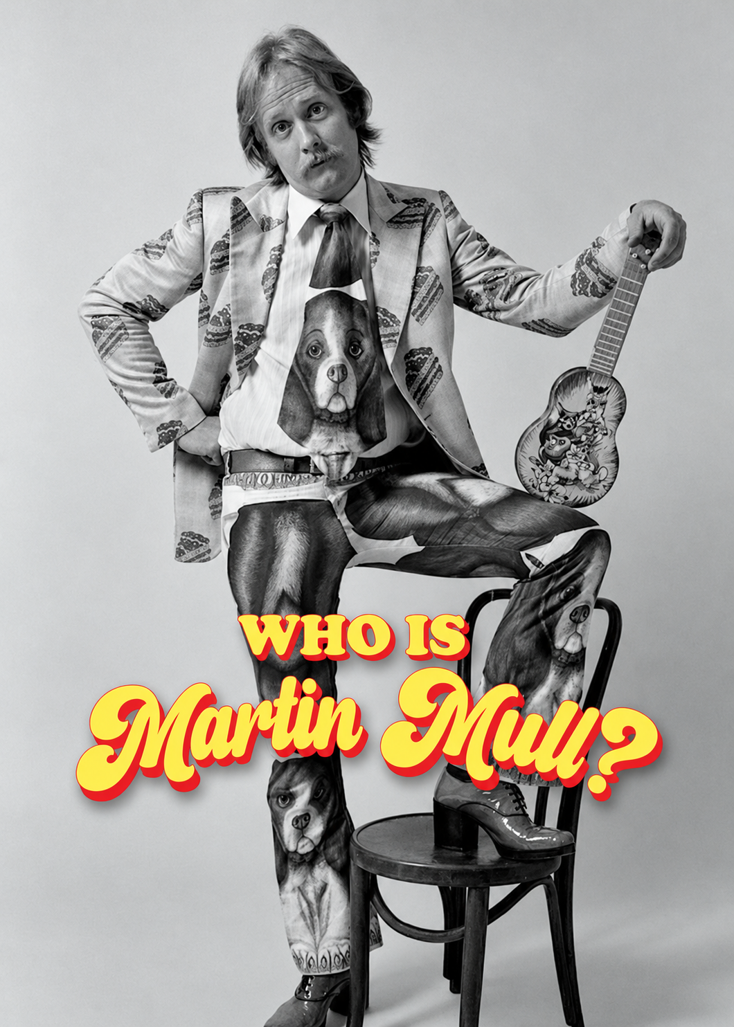 Martin Mull sits with a small guitar in the yellow-and-red-titled Who Is Martin Mull? poster
