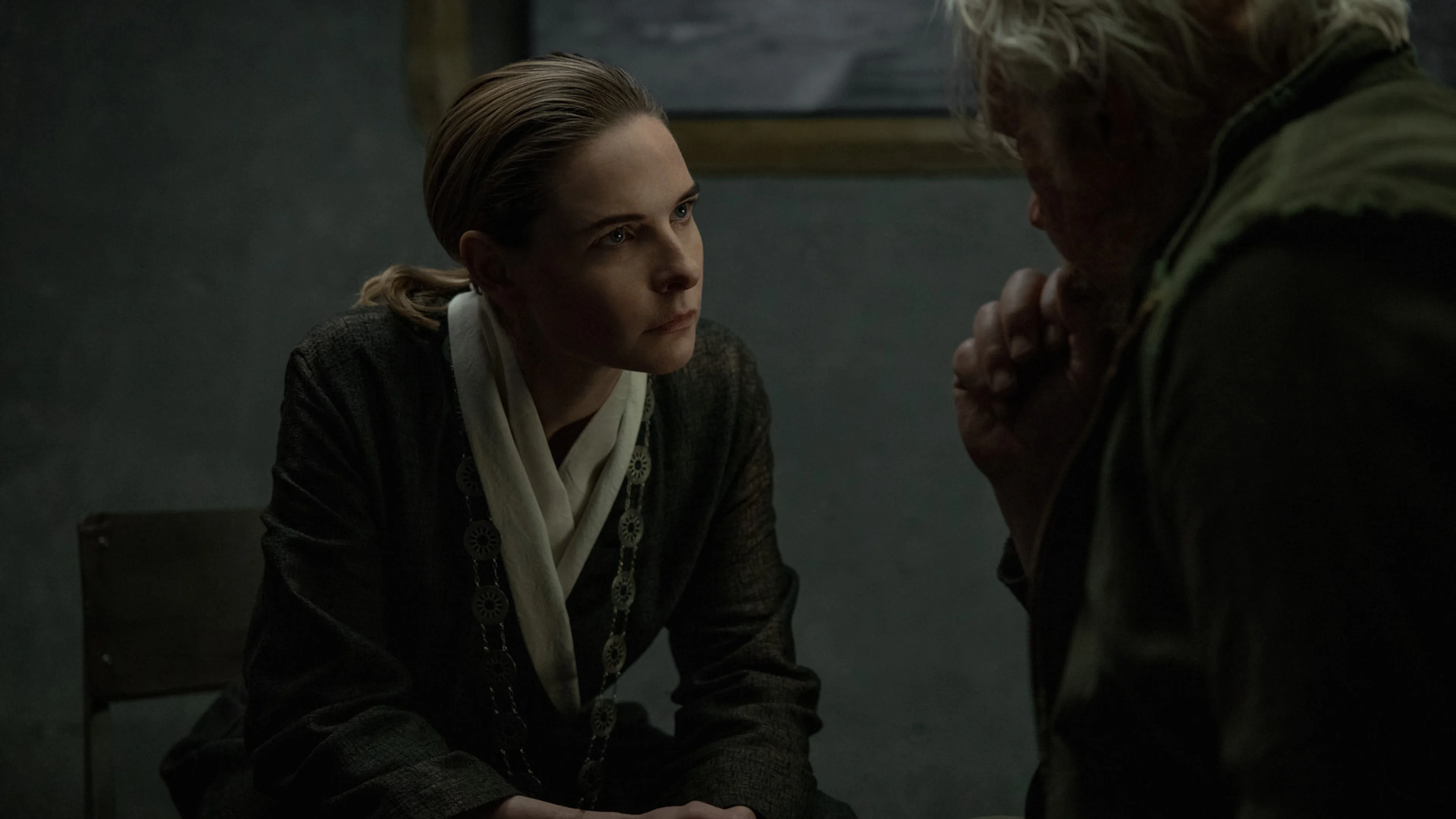 Rebecca Ferguson and Tim Robbins in an official Silo still.