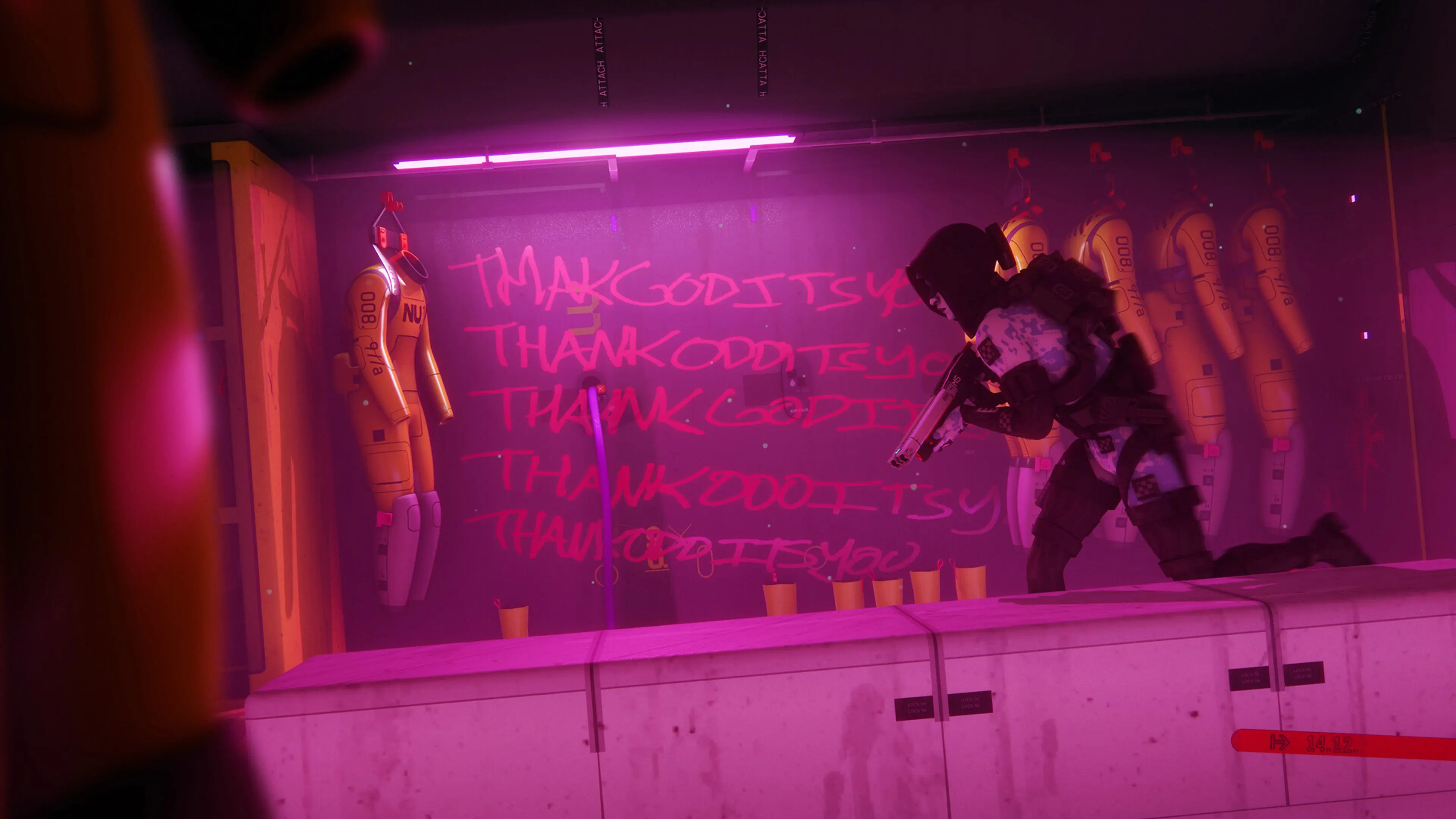 A Marathon Runner inspects equipment inside a vivid pink-lit armory room.