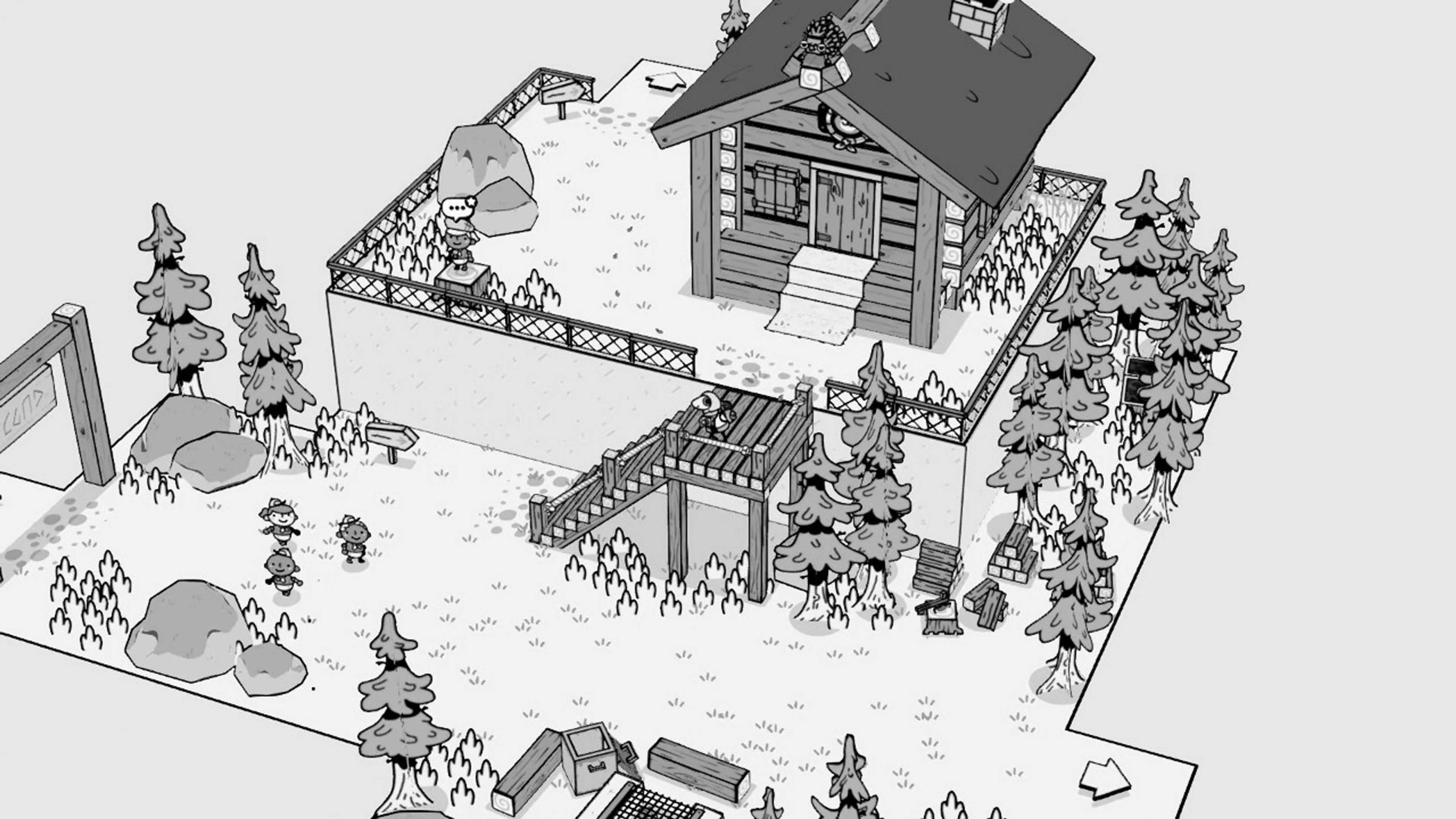 A snowy cabin and hillside in the black-and-white world of TOEM.