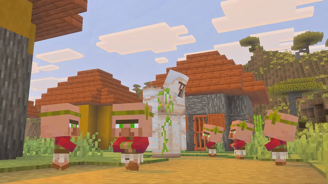 An iron golem standing with baby villagers in a Minecraft village.