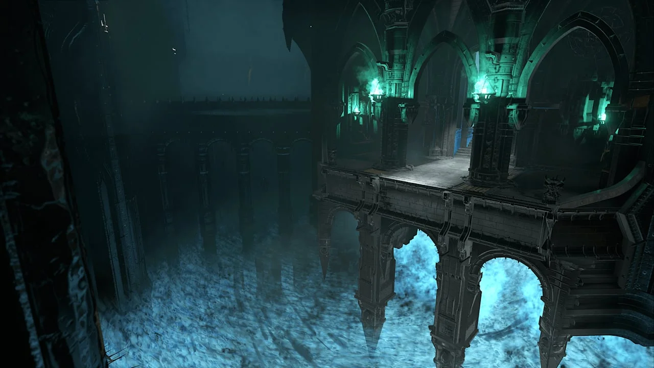 DOOM Slayer faces a gap between broken platforms in a ruined level.