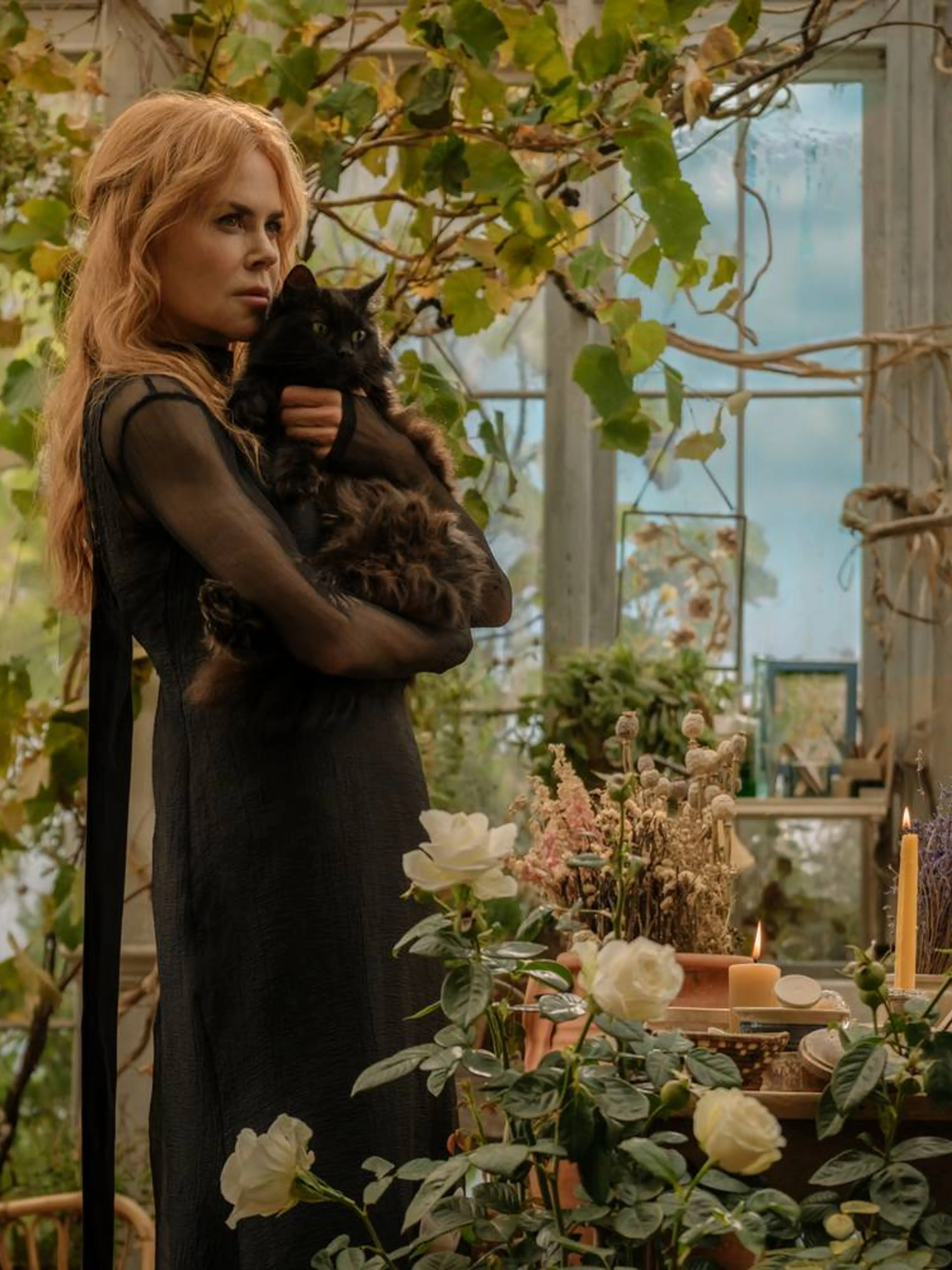 Nicole Kidman as Gillian Owens holds a black cat in a greenhouse in Practical Magic 2.