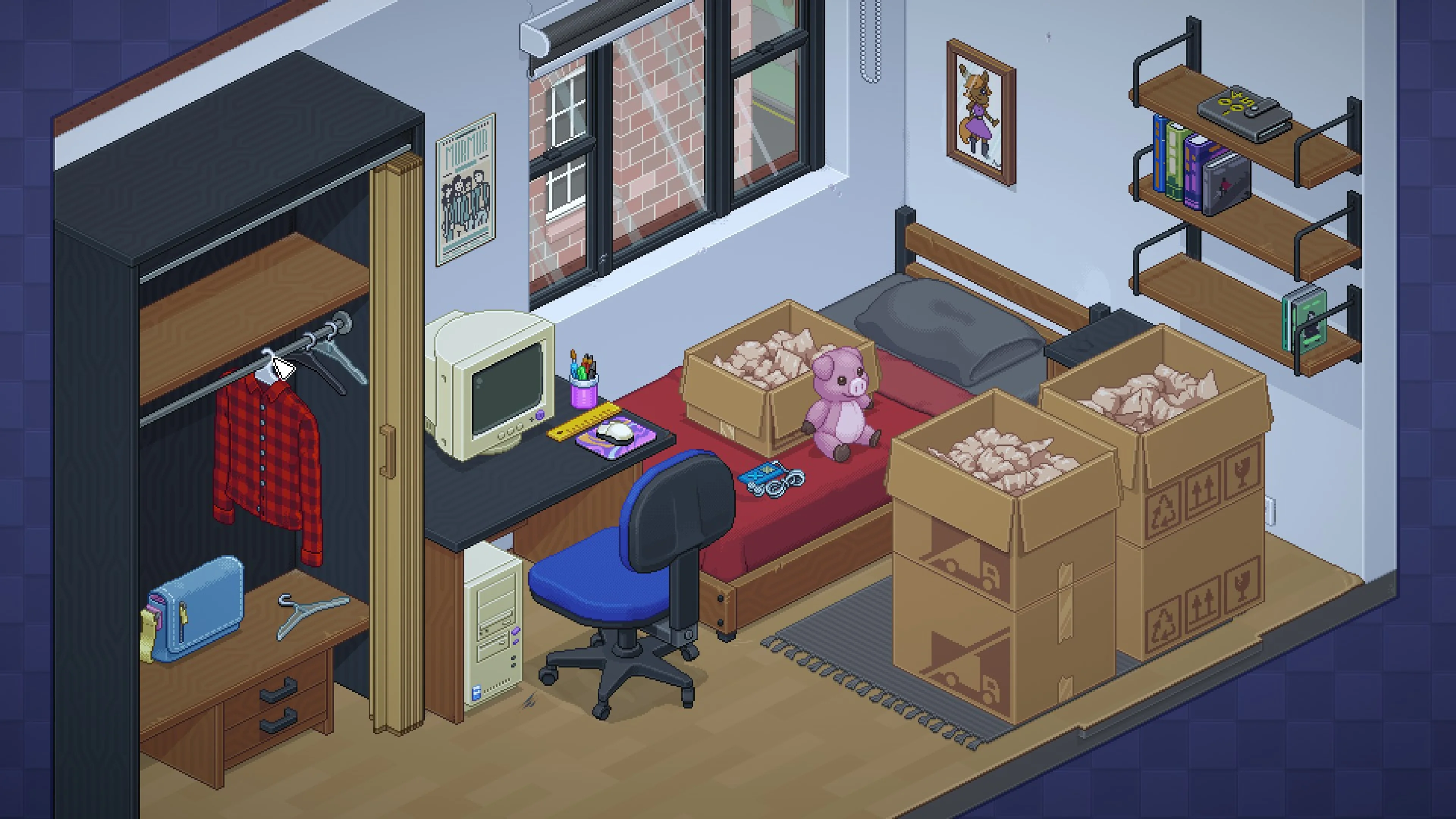 Open boxes, a pink toy and a desk fill a room in Unpacking.