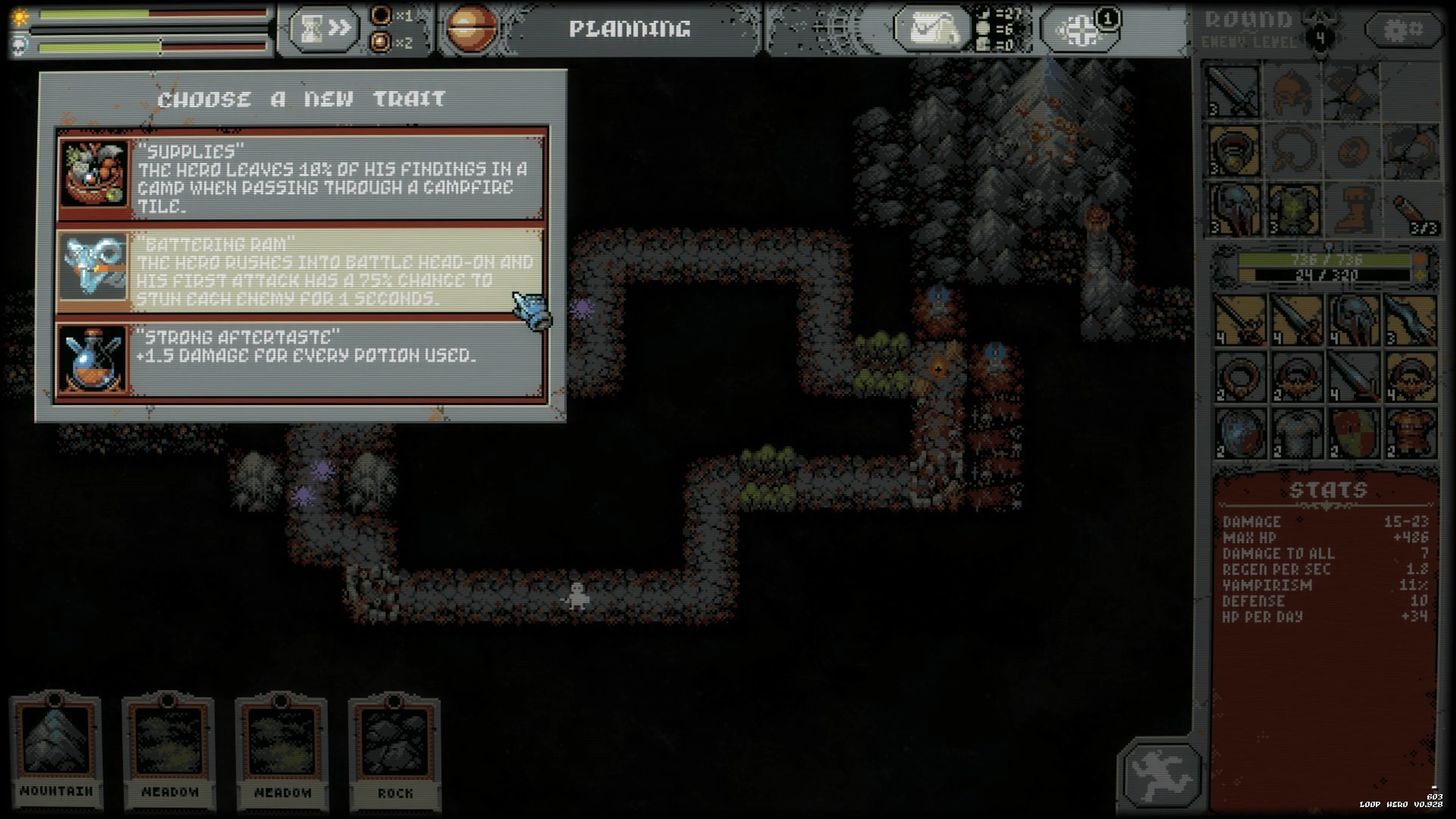 Loop Hero screenshot with Mountain, Meadow and Rock cards along the bottom row beneath the route.