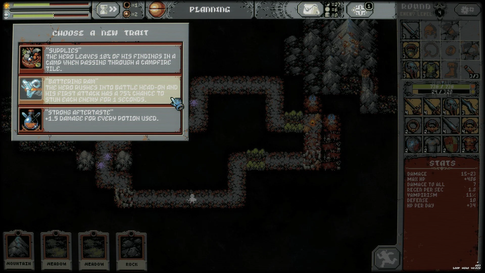 Loop Hero screenshot with Mountain, Meadow and Rock cards along the bottom row beneath the route.