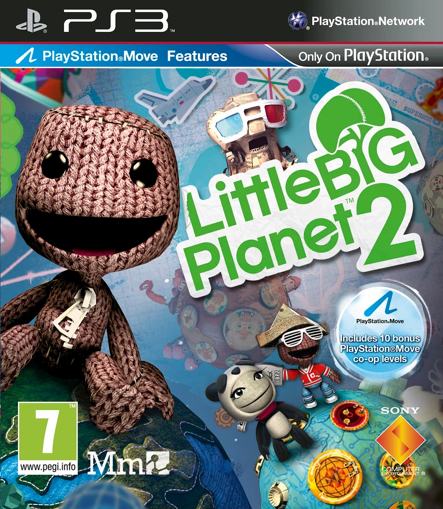 Official European PlayStation 3 cover of LittleBigPlanet 2, with knitted Sackboy, the native game logo and a PEGI 7 packaging mark.