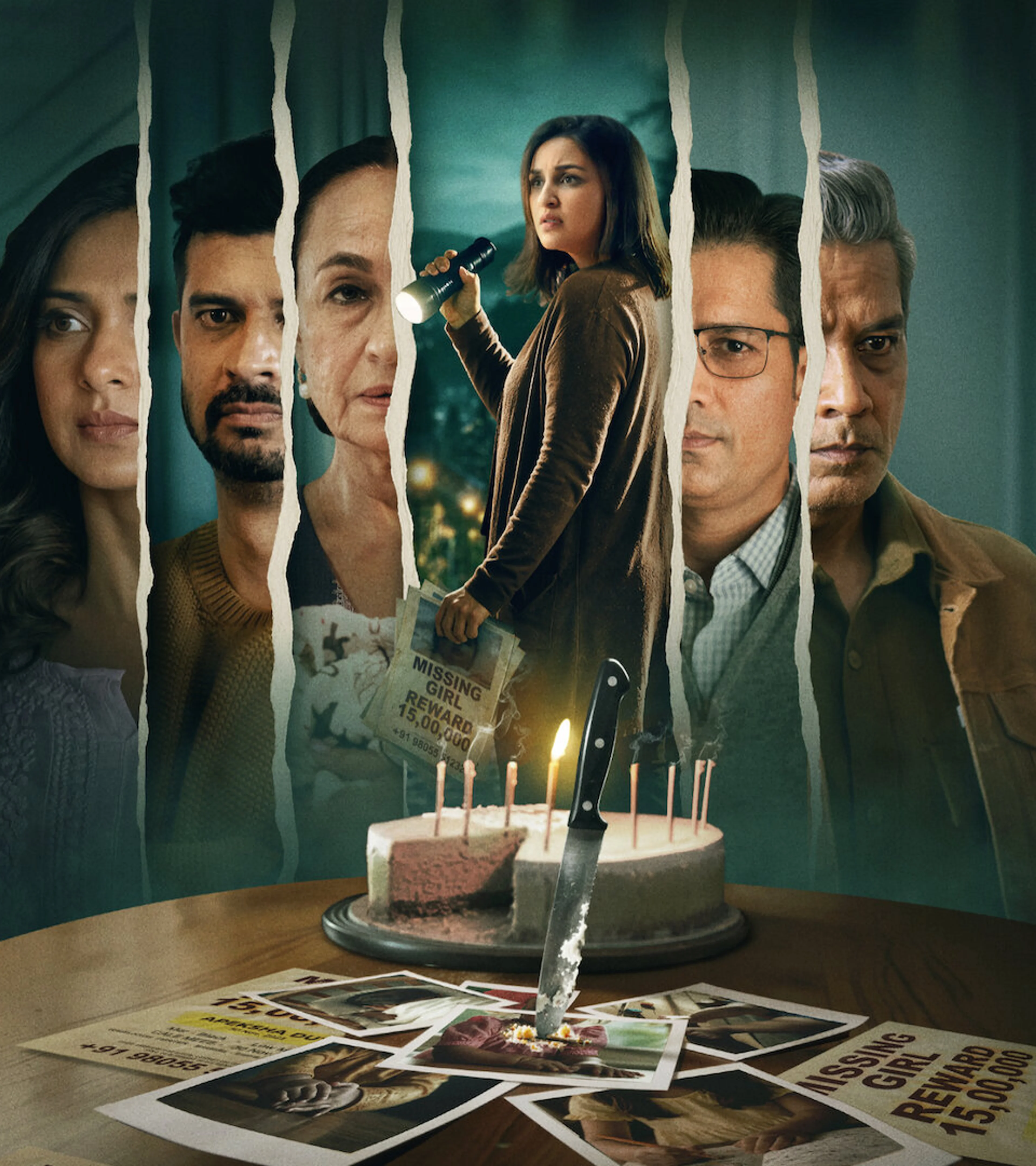 The Shaque ensemble appears in torn-paper strips around a missing-child flyer, photographs and a birthday cake.