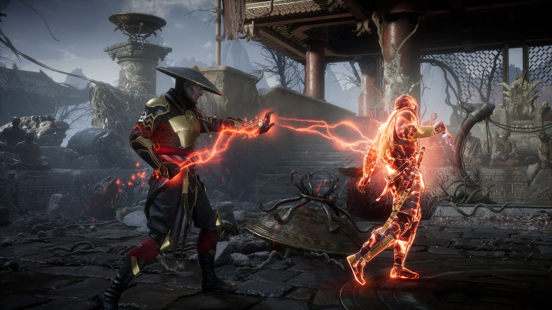 Two Mortal Kombat 11 fighters exchange a glowing attack in a stone arena.