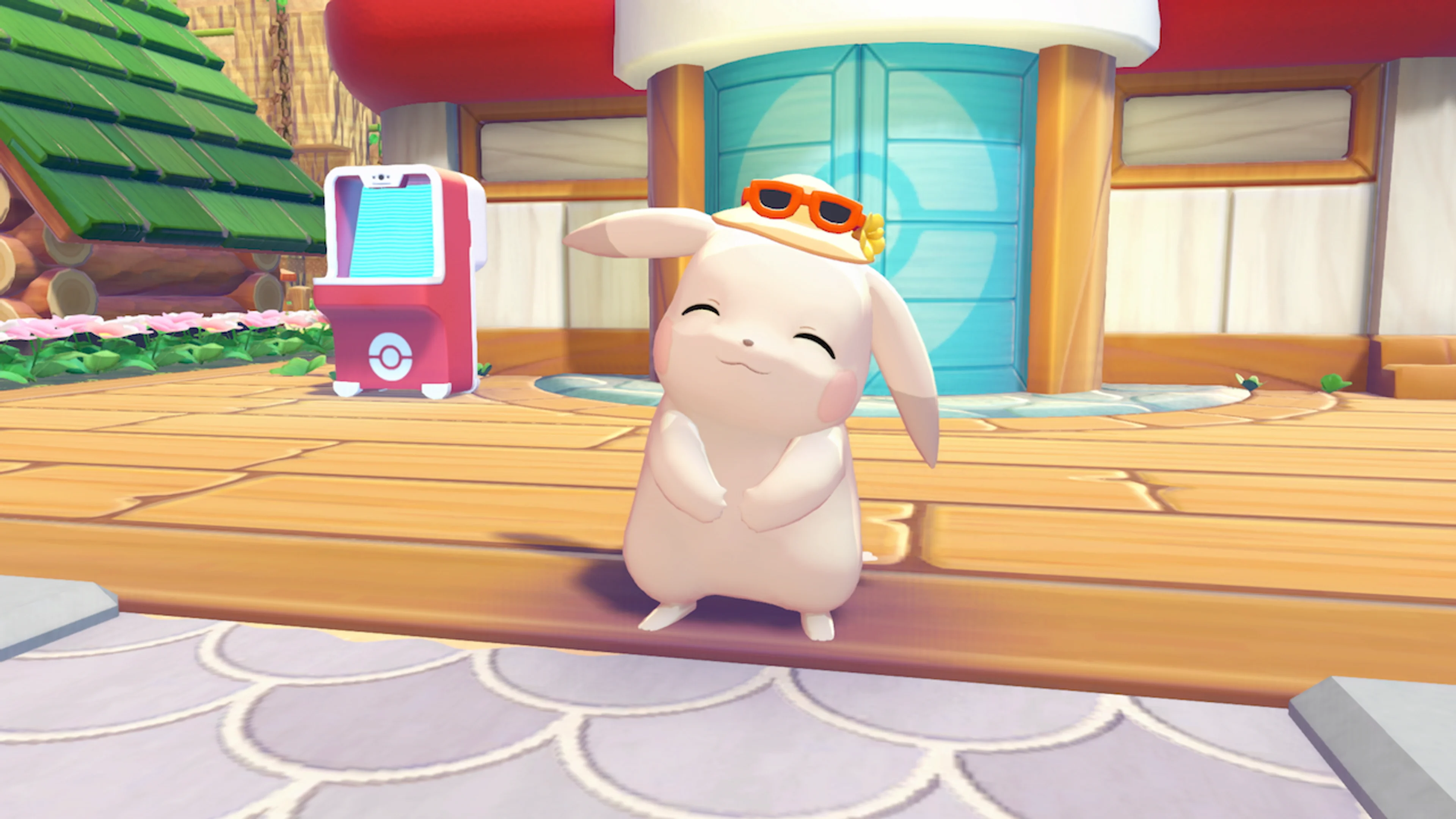 Popplio wearing orange sunglasses outside a Pokémon Center in Pokémon Pokopia