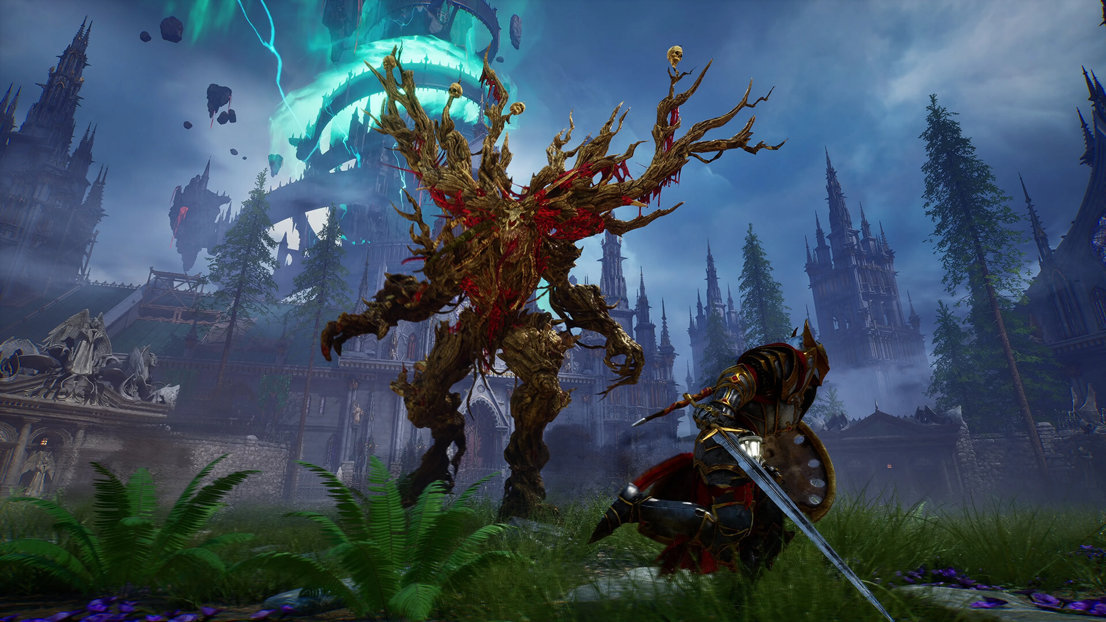 A Crimson Moon Nephilim faces a towering Hellgrowth monster outside the gothic city of Gildenarch.