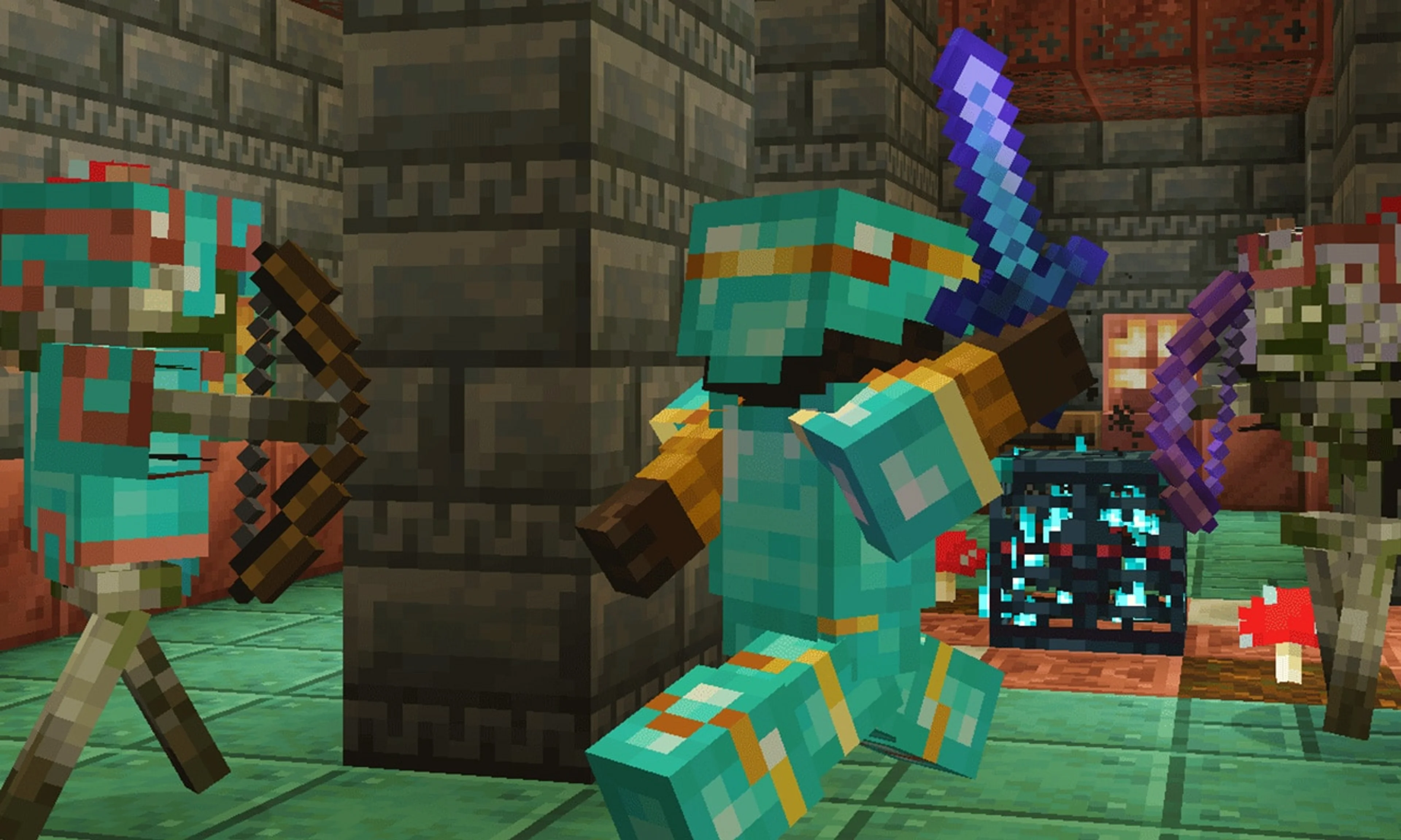 A Minecraft player in diamond armor fighting bogged around an ominous trial spawner.