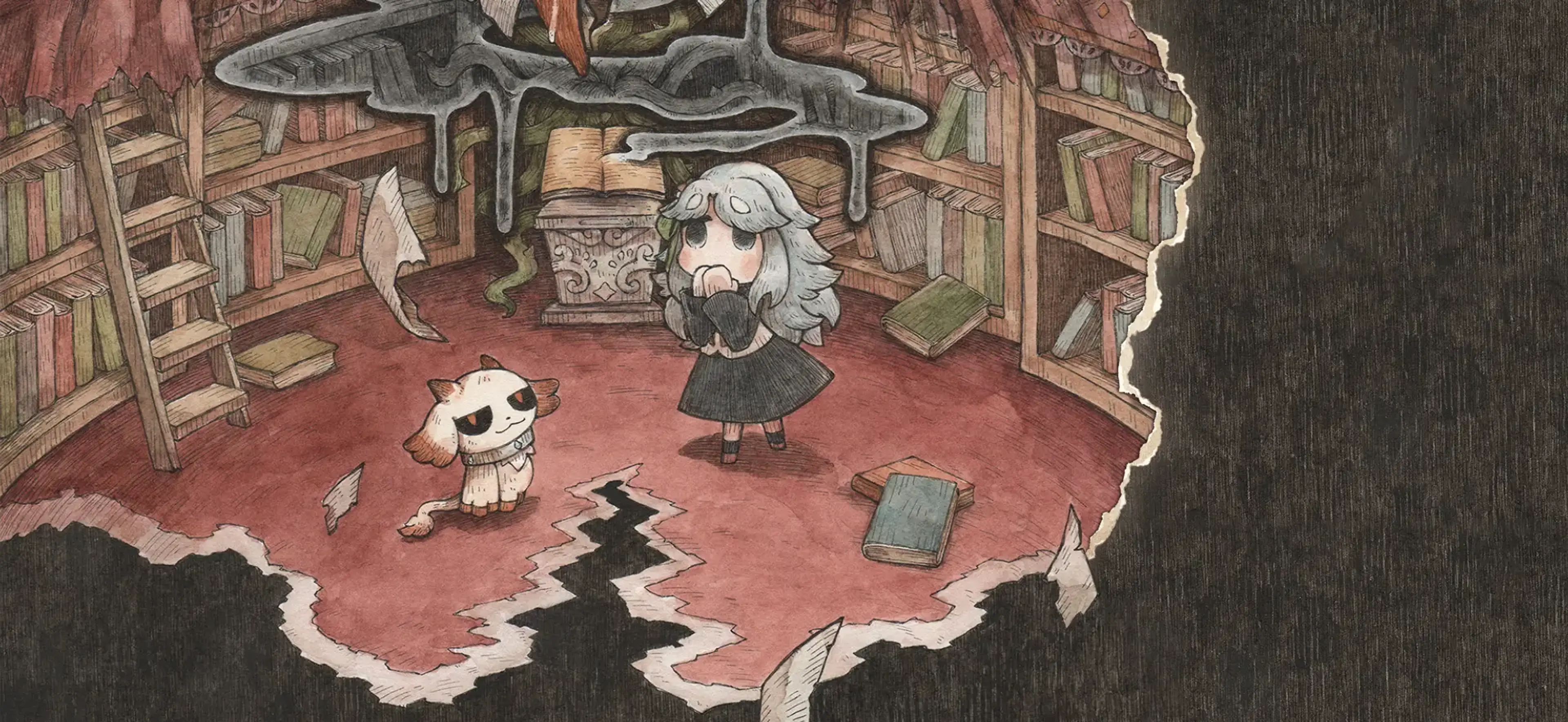 Mono and a small cat stand inside a torn storybook library in The Grimm Reapress and the Drearytale Monster artwork.