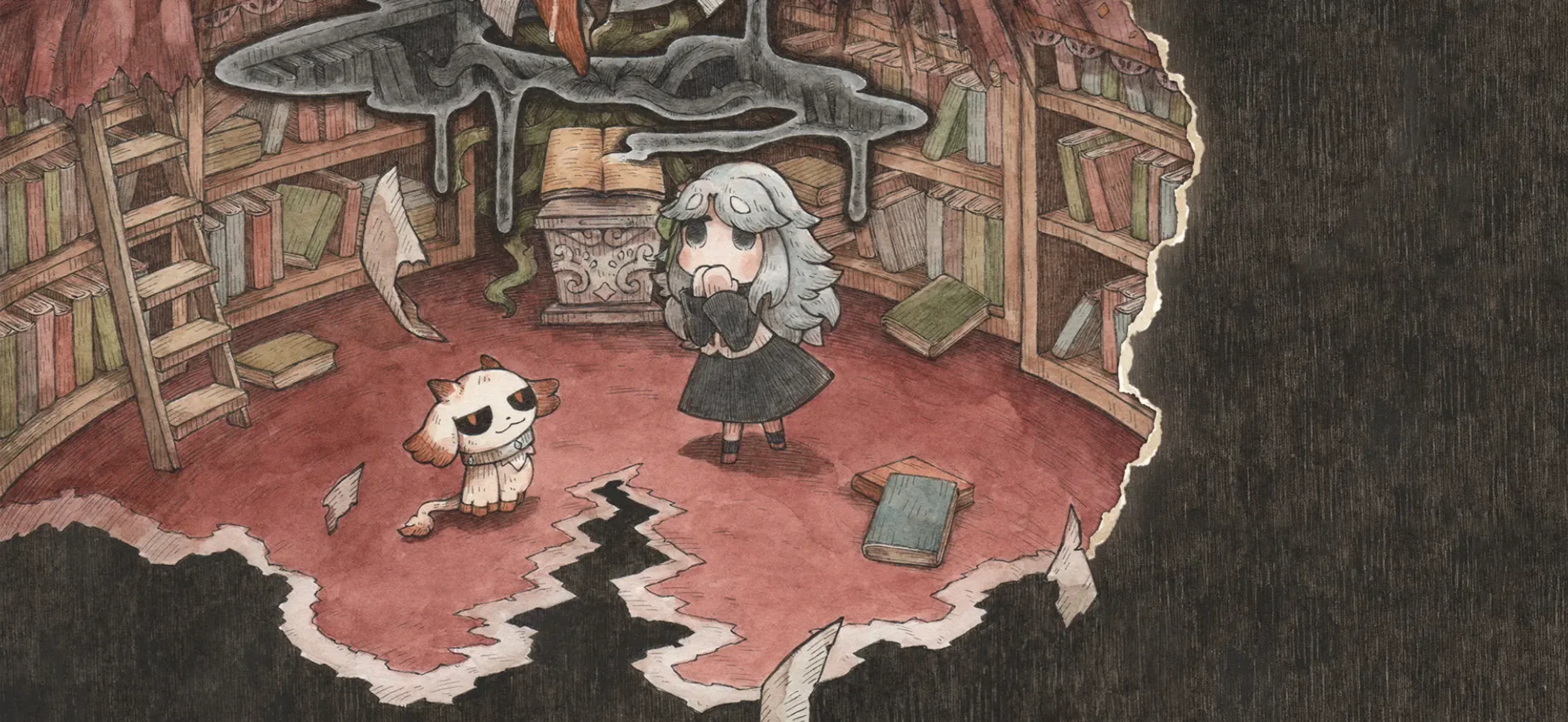 Mono and a small cat stand inside a torn storybook library in The Grimm Reapress and the Drearytale Monster artwork.