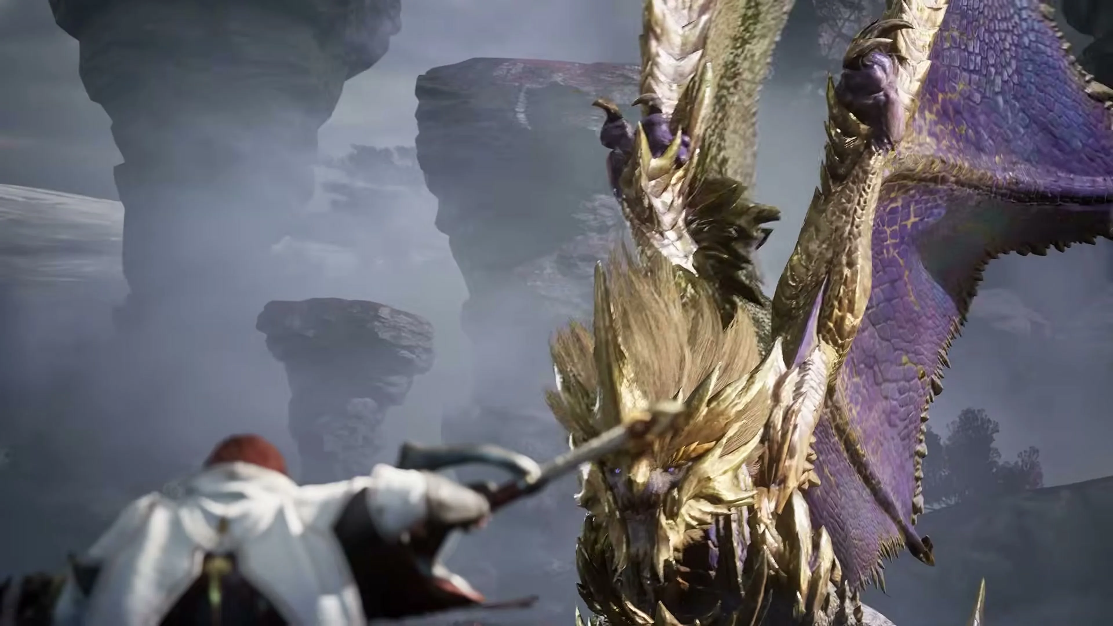A hunter faces a gold-and-purple winged monster in Monster Hunter Outlanders.