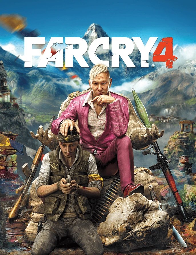 Official Far Cry 4 cover featuring Pagan Min before Kyrat mountains under the native Far Cry 4 logo.