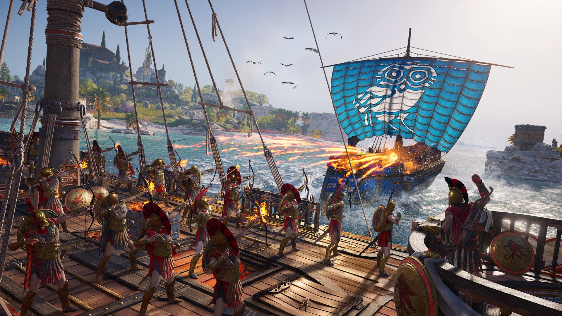 Warriors stand on the deck of a ship facing another vessel with a blue sail.