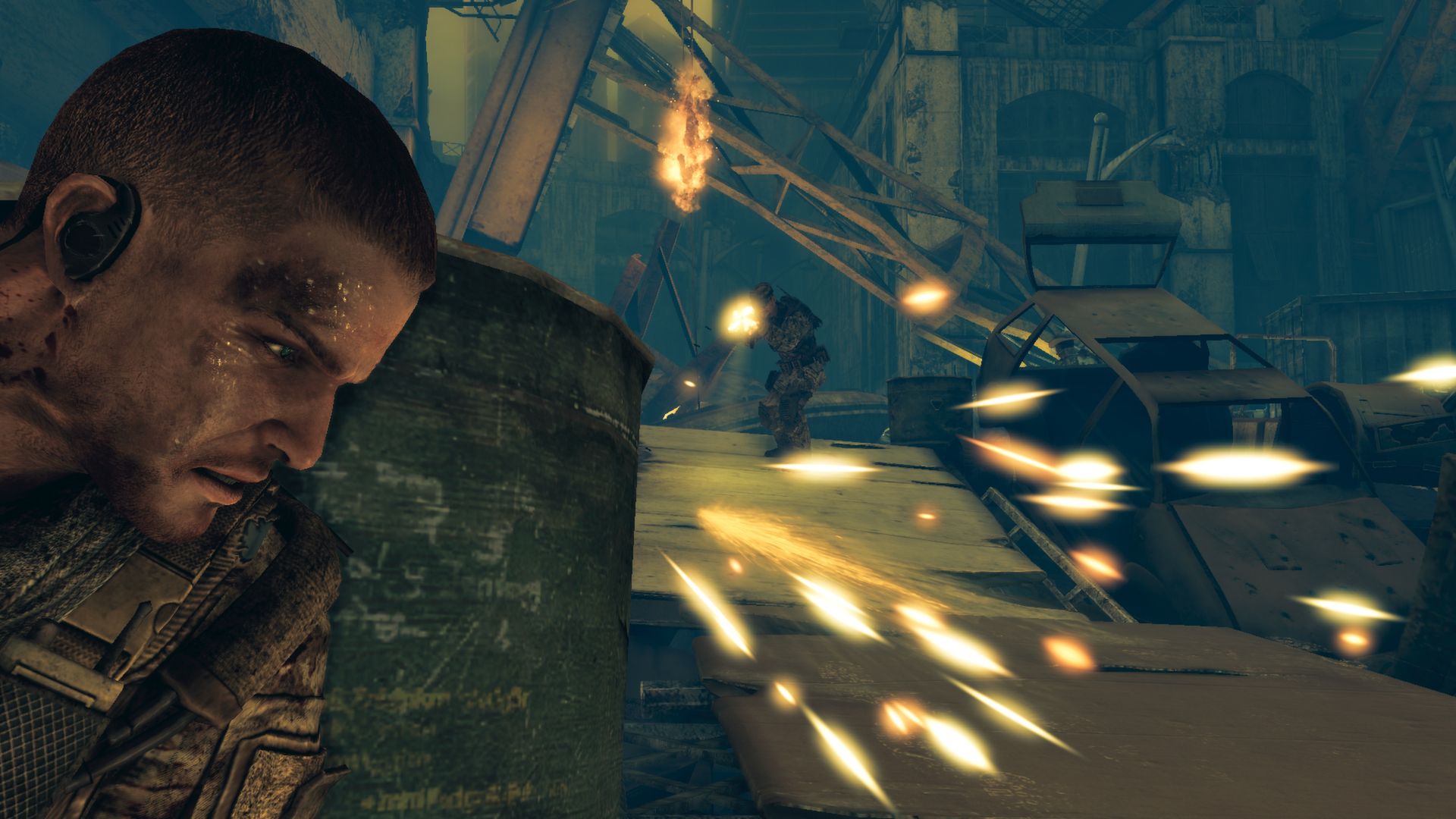 A soldier aims from behind cover toward enemies across a sandy street.