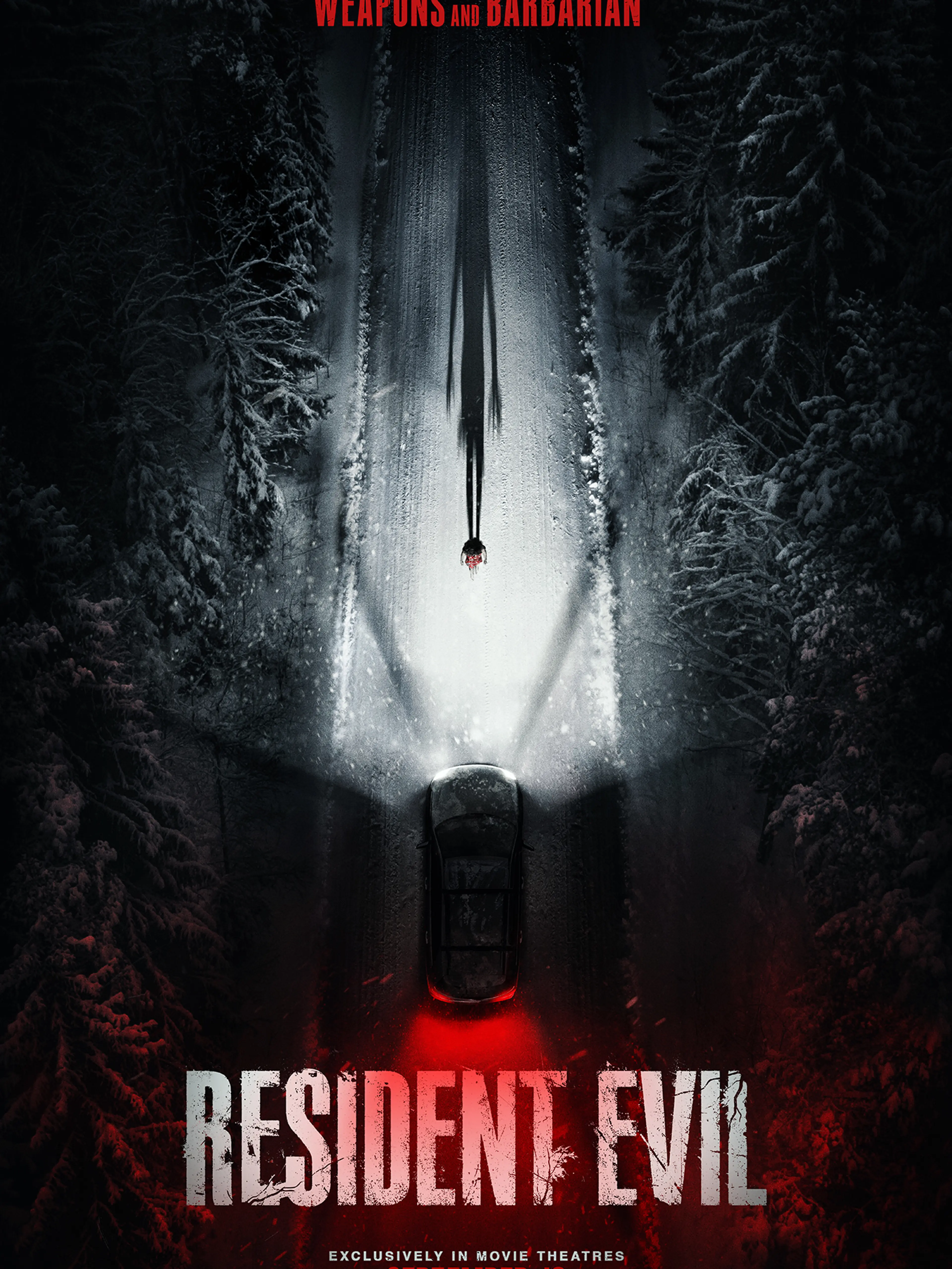 A car travels down a snowy road on the official Resident Evil poster.