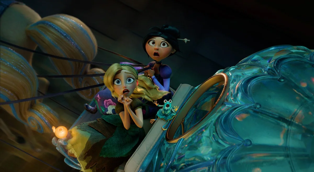 Two animated sisters and a chameleon ride on a glass object through a dark fantasy setting.