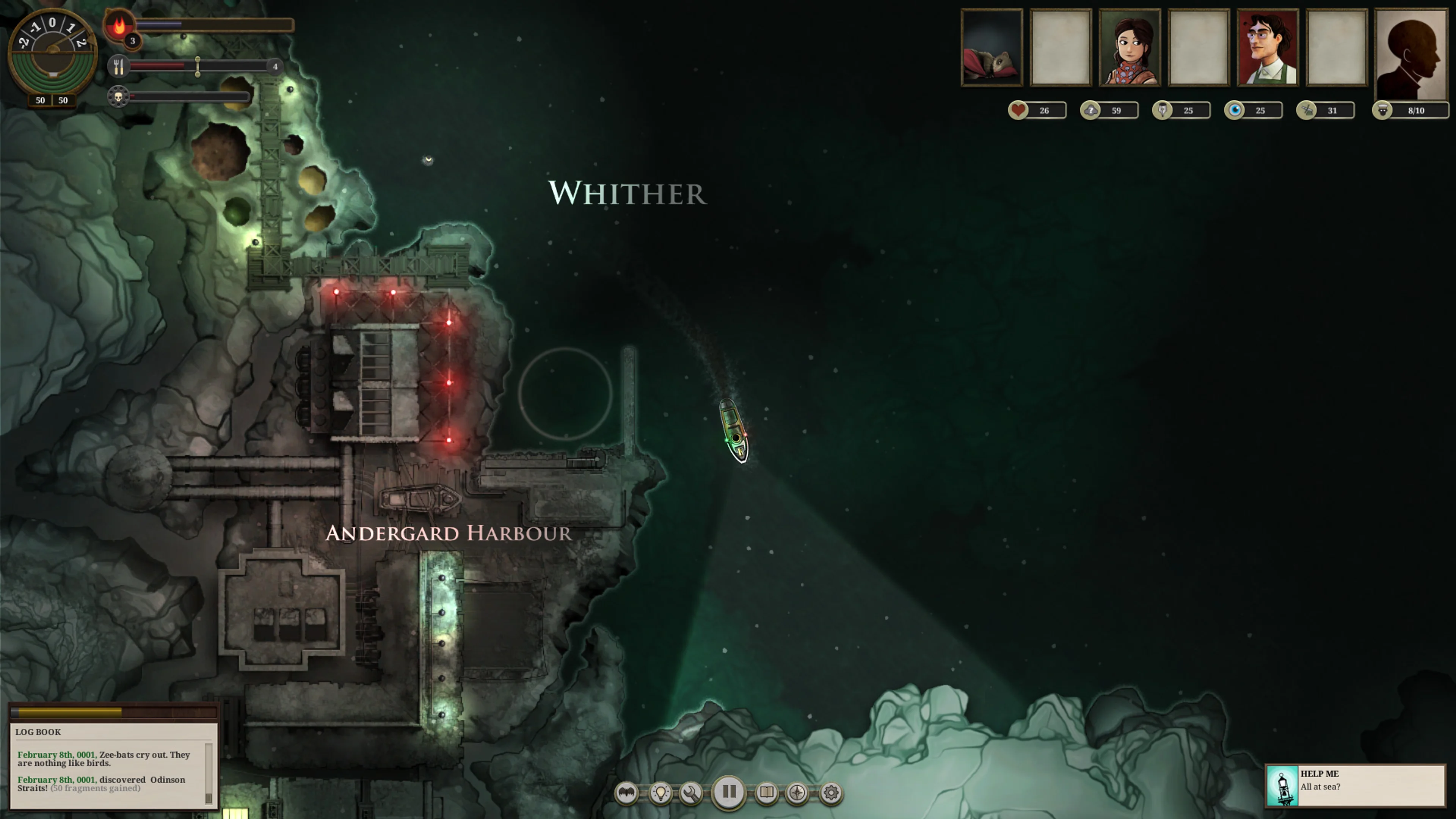 Official Sunless Sea gameplay screenshot at Whither: the player ship is to the right of a pale circular port entrance at Andergard Harbour.