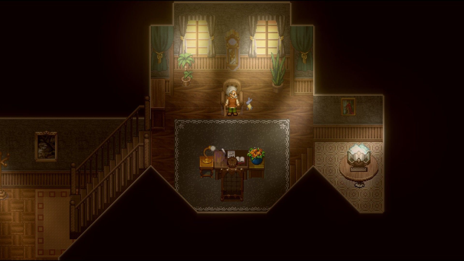 Doctors and other characters in To the Moon's upstairs bedroom and adjoining rooms.