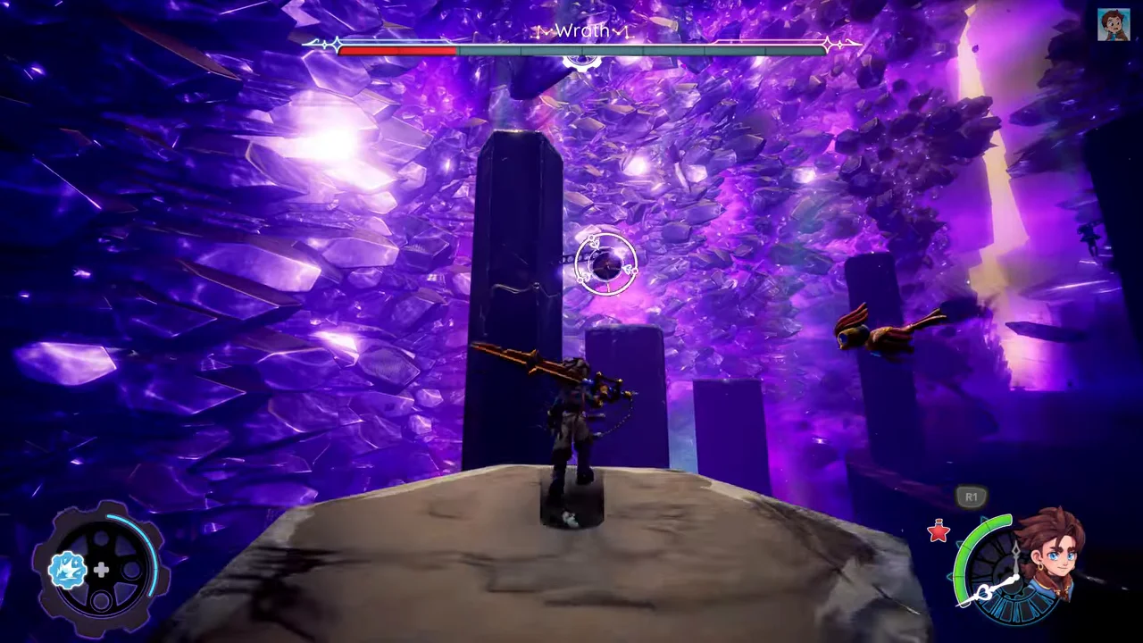 Zirian standing on a pillar during the Wrath fight, with a circular grapple target above the next gap.