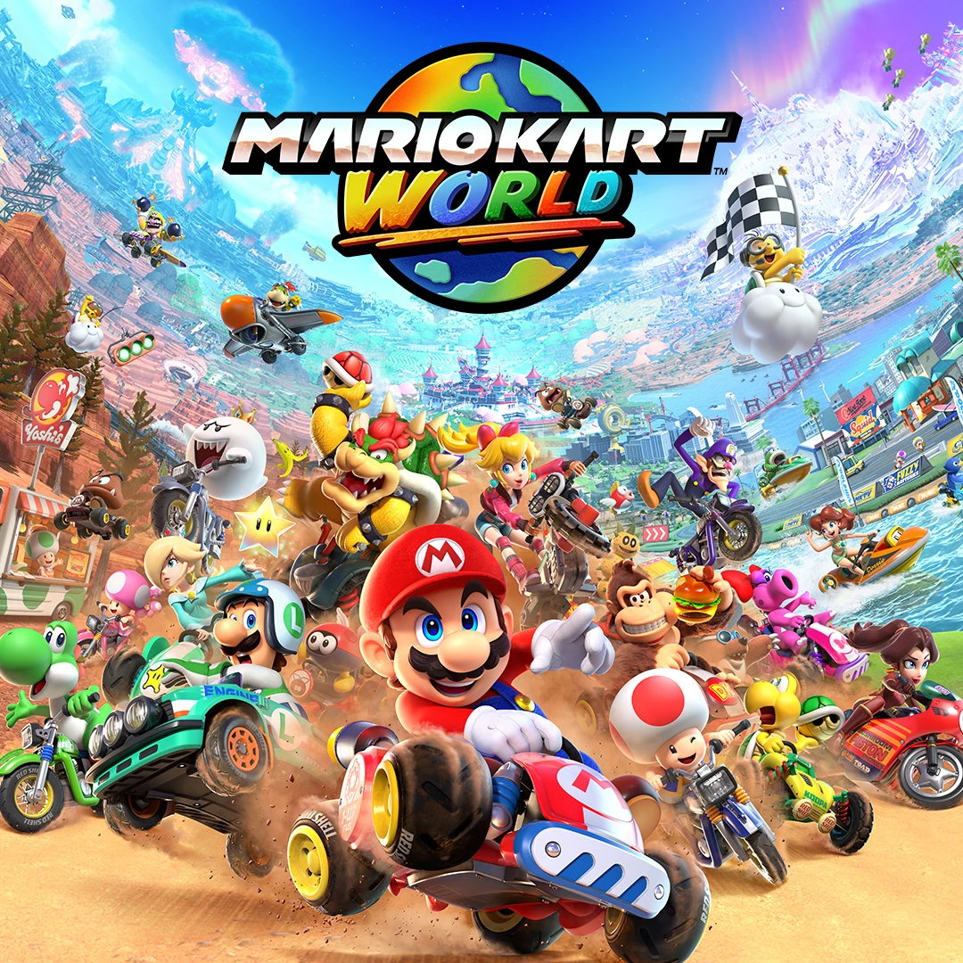 Official Mario Kart World cover art showing Mario and other Nintendo racers.