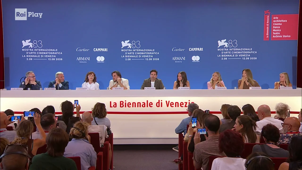 Susan Sarandon sits with The Echo Chamber cast and filmmakers at the Venezia 83 press conference.