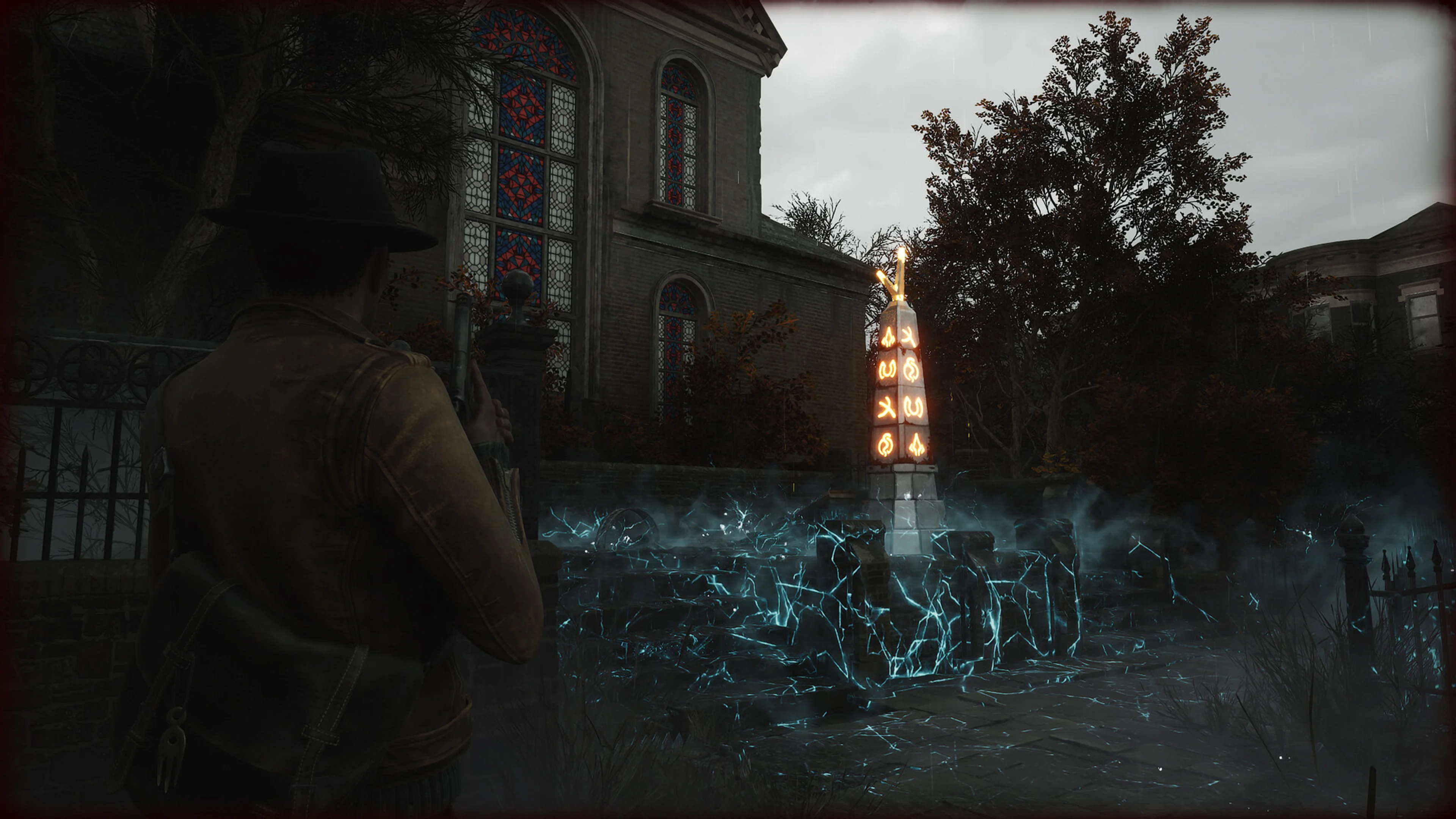 Calvin Rafferty examines glowing blue evidence in The Sinking City 2.