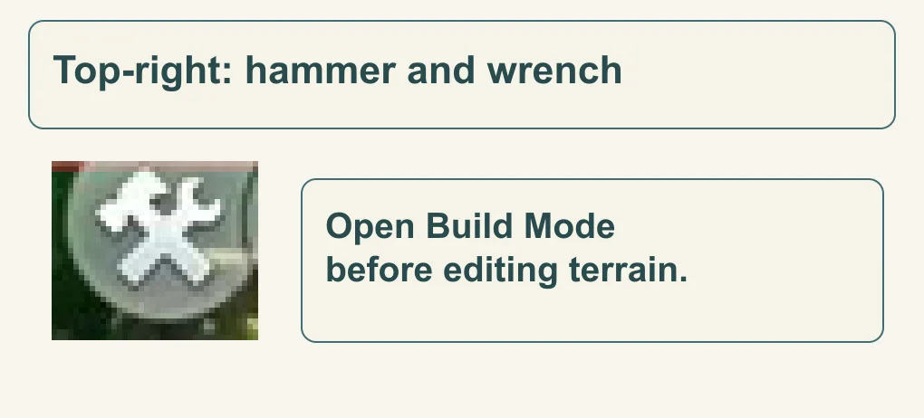 Enlarged native crossed hammer-and-wrench icon identifies the Build Mode button.