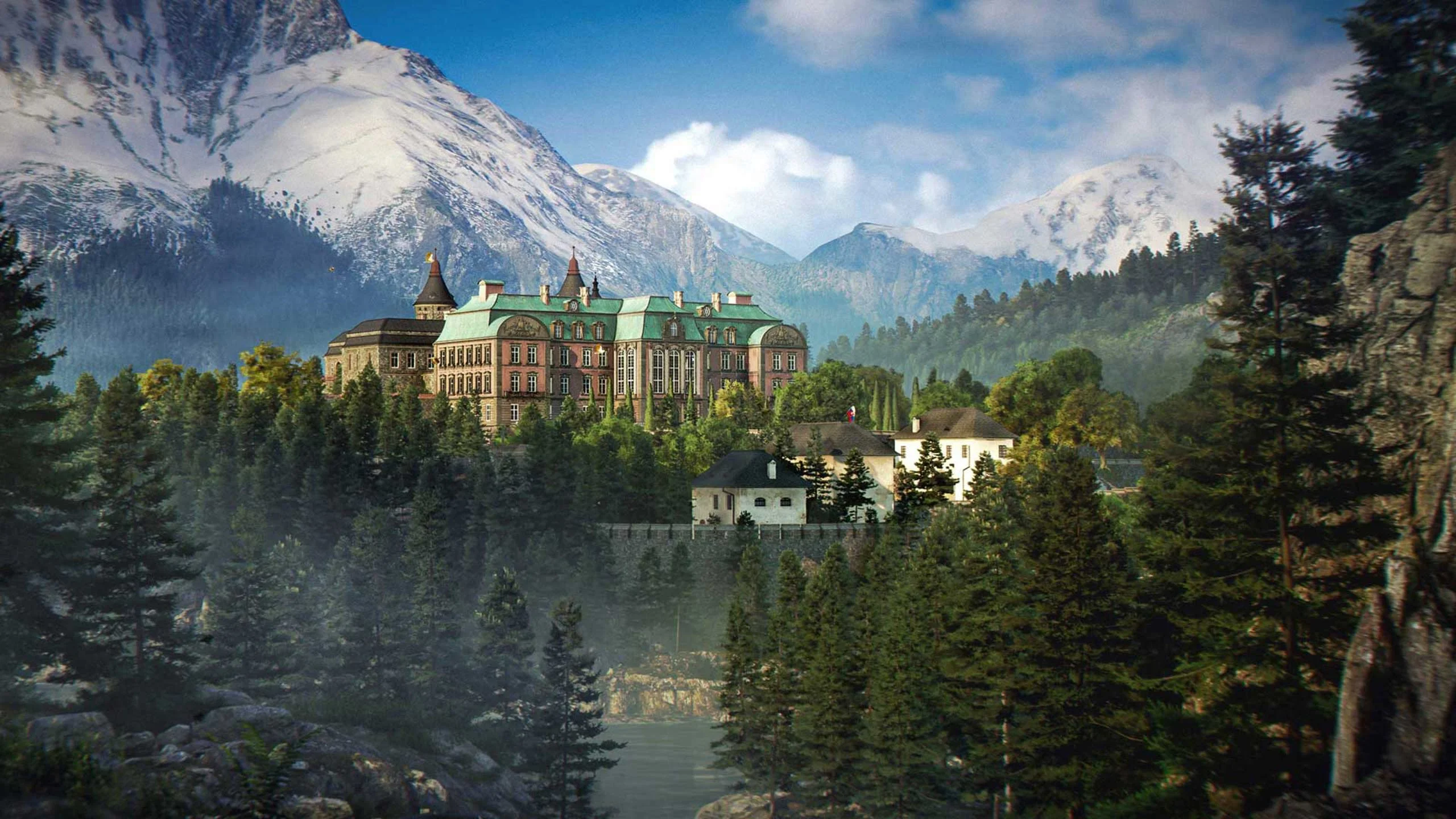 The Grand Carpathian Hotel stands beside a lake surrounded by mountains.