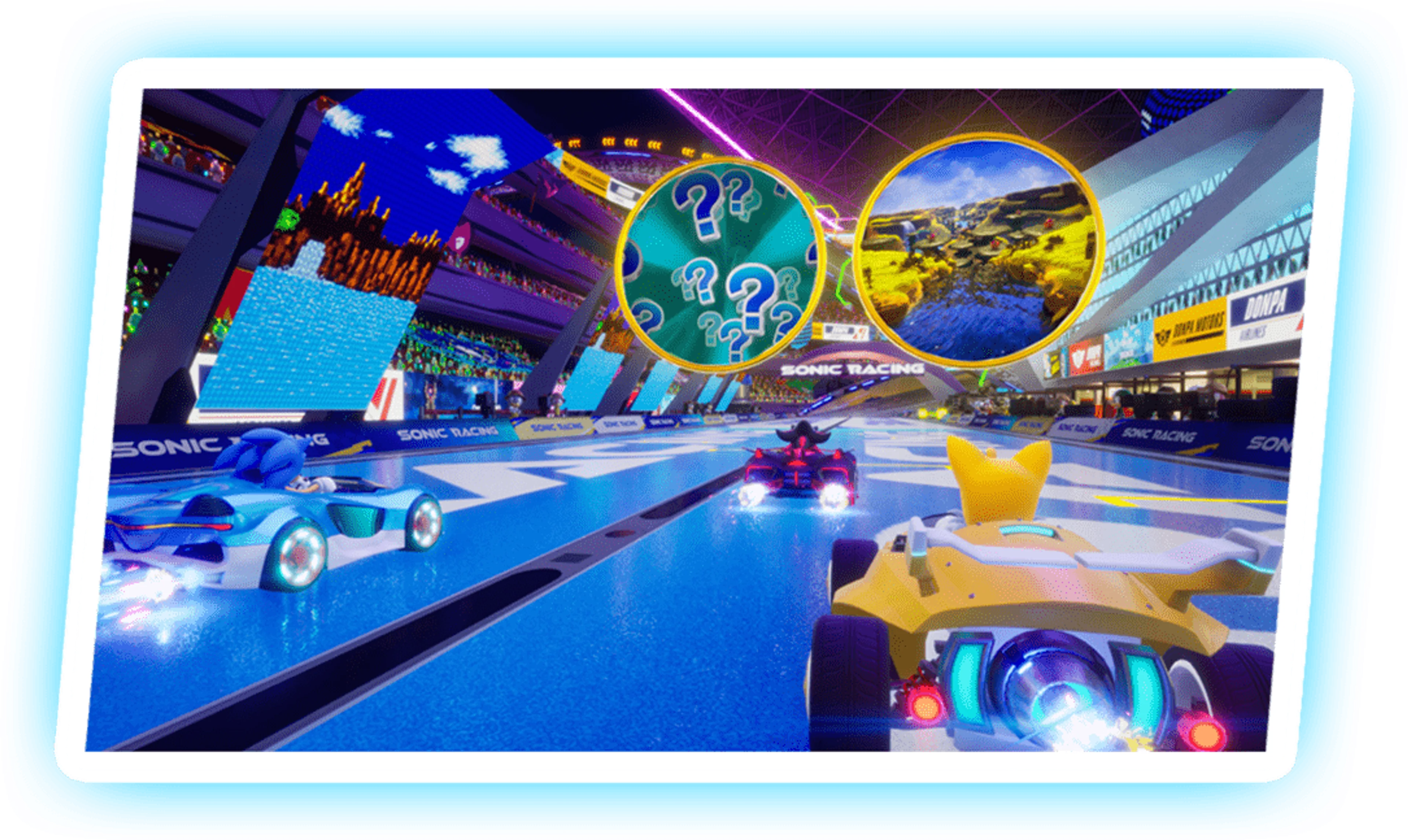 Sonic and Tails drive toward two enormous Travel Rings above the Sonic Racing: CrossWorlds track; one contains question marks and the other a landscape.