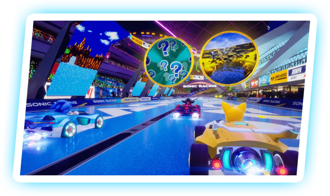 Sonic and Tails drive toward two enormous Travel Rings above the Sonic Racing: CrossWorlds track; one contains question marks and the other a landscape.