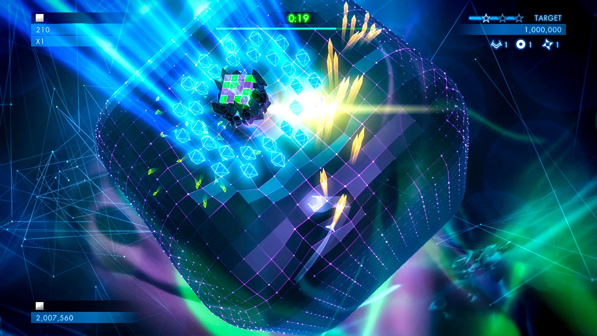Ship shoots at geometric enemies on a blue spherical stage.