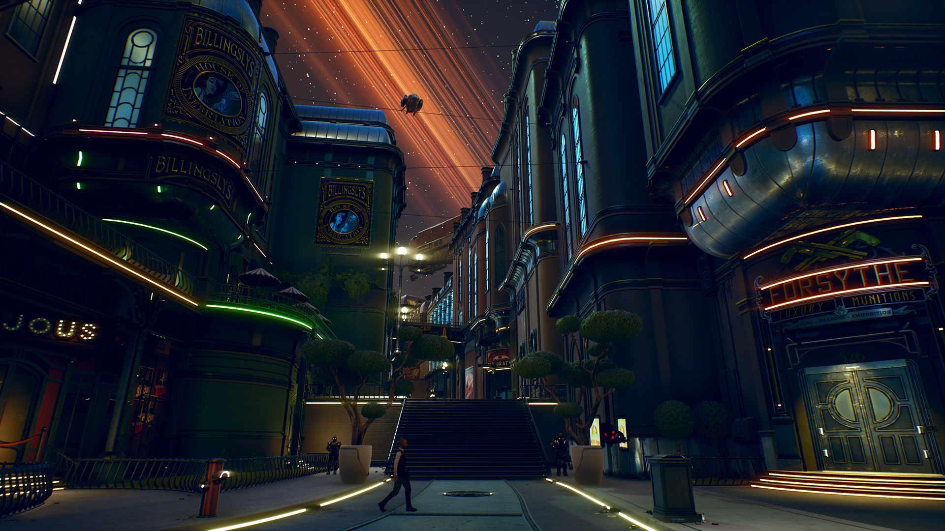 A company town in The Outer Worlds shows tall storefronts, signs and pedestrians at night.