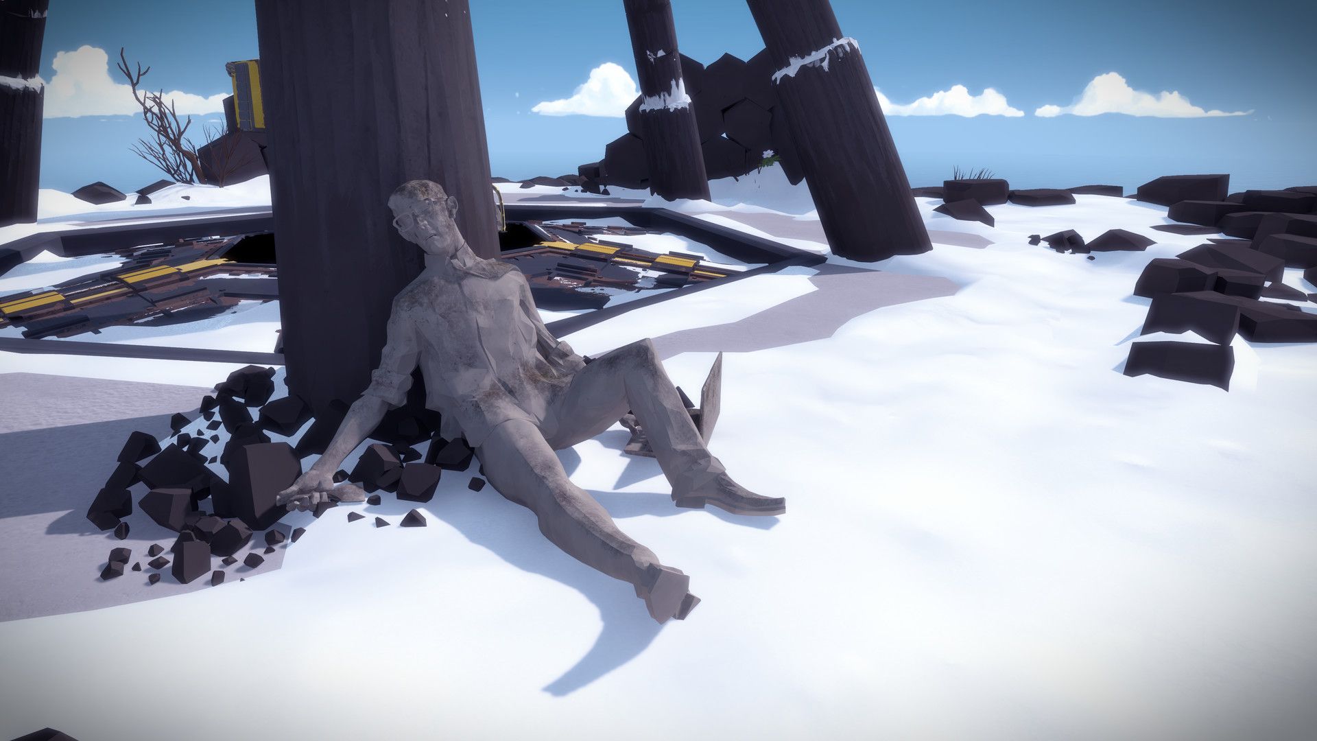 A pale statue sits among snowy trees and dark structures.