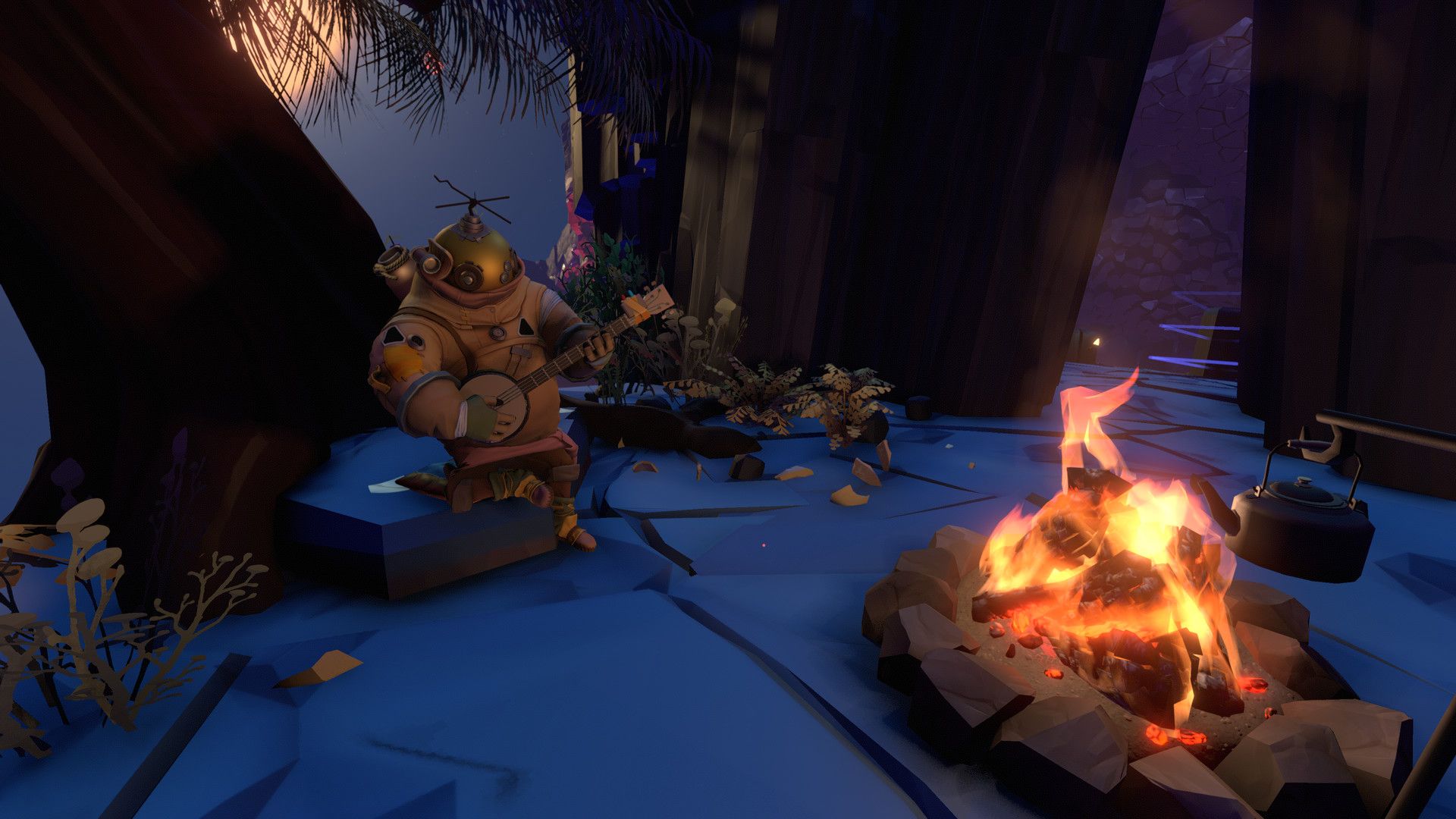 Another astronaut plays an instrument beside a campfire in a rocky landscape.