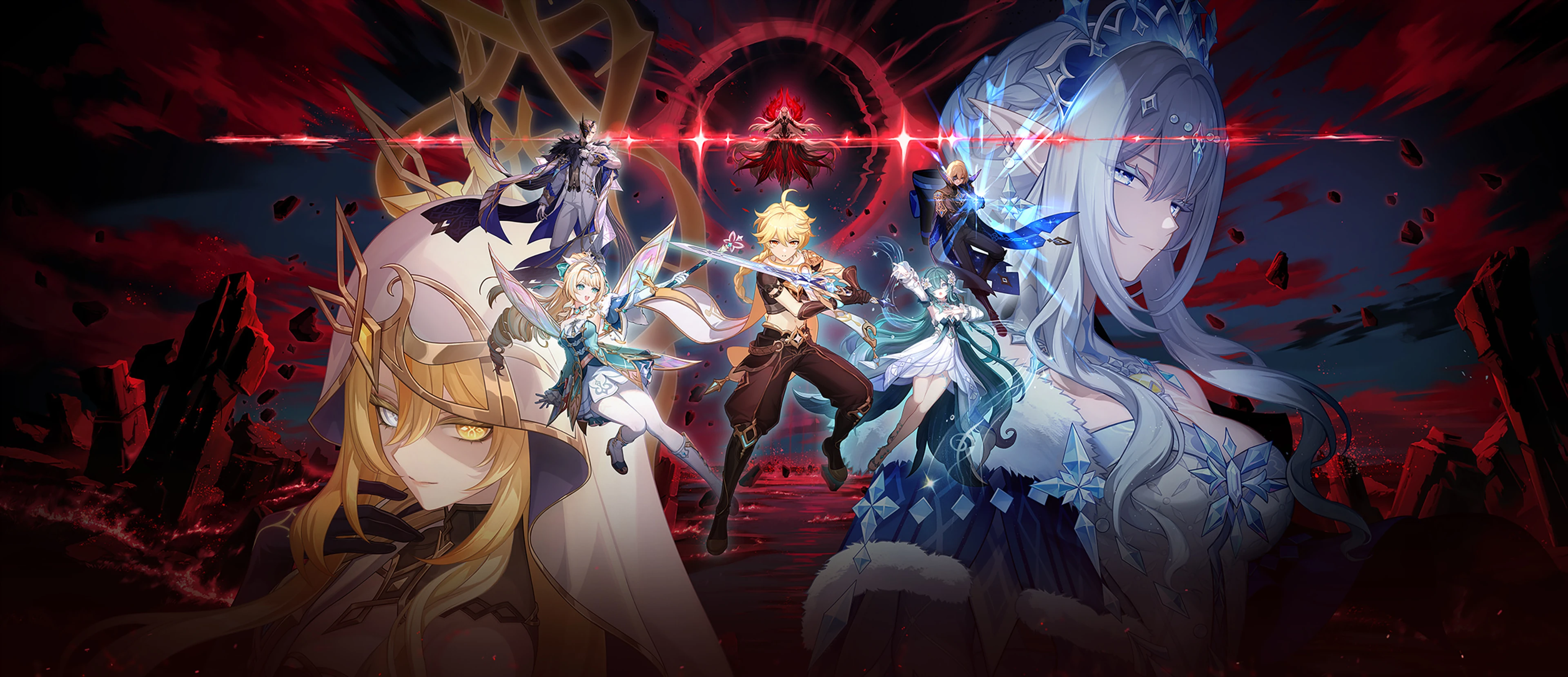 Several Genshin Impact characters appear in official art against a red-and-black background.