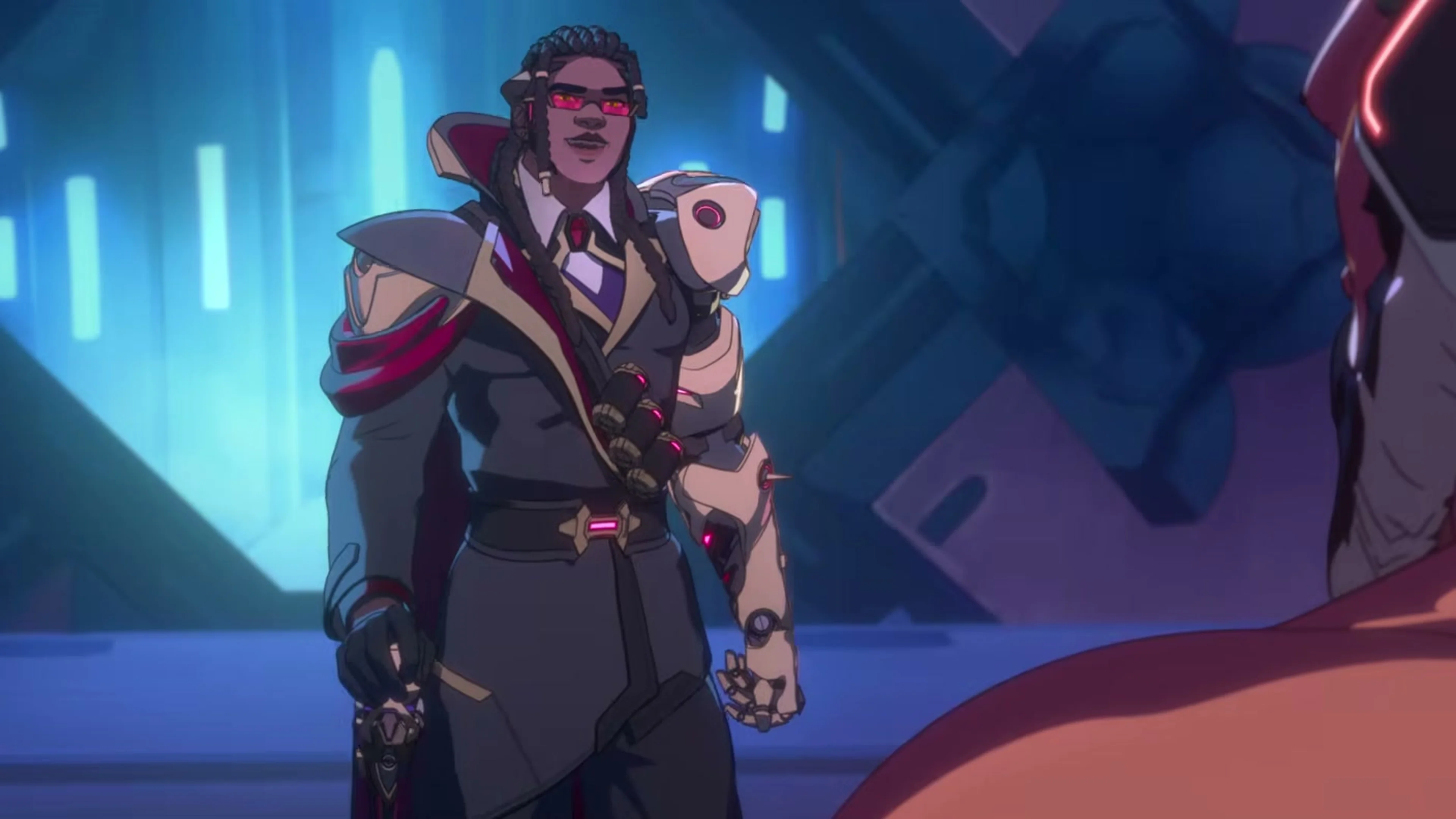Doctrine stands in a tailored black-and-white armored suit with pink glasses and a scepter.